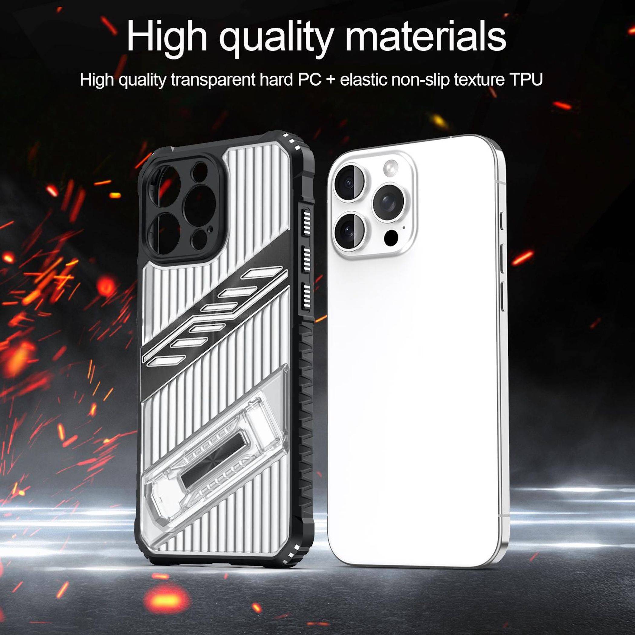 Zwei Smartphone-Hüllen nebeneinander: eine robuste graue Hülle mit diagonaler Textur und eine glatte weiße Hülle, mit dem Text „Hochwertige Materialien