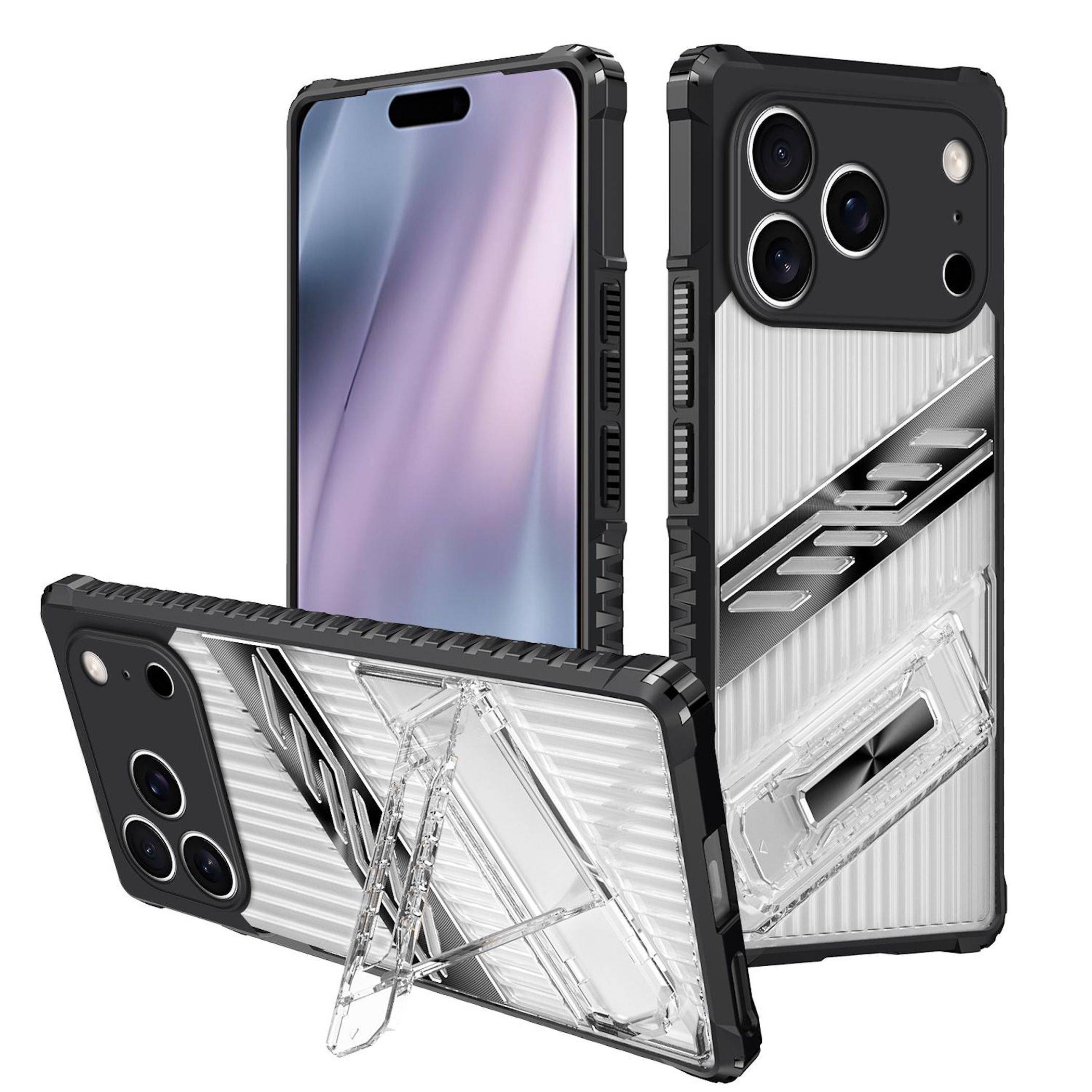 Transparente robuste Smartphone-Hülle mit transparentem Ständer, gezeigt auf mehreren Telefonen von vorne und hinten