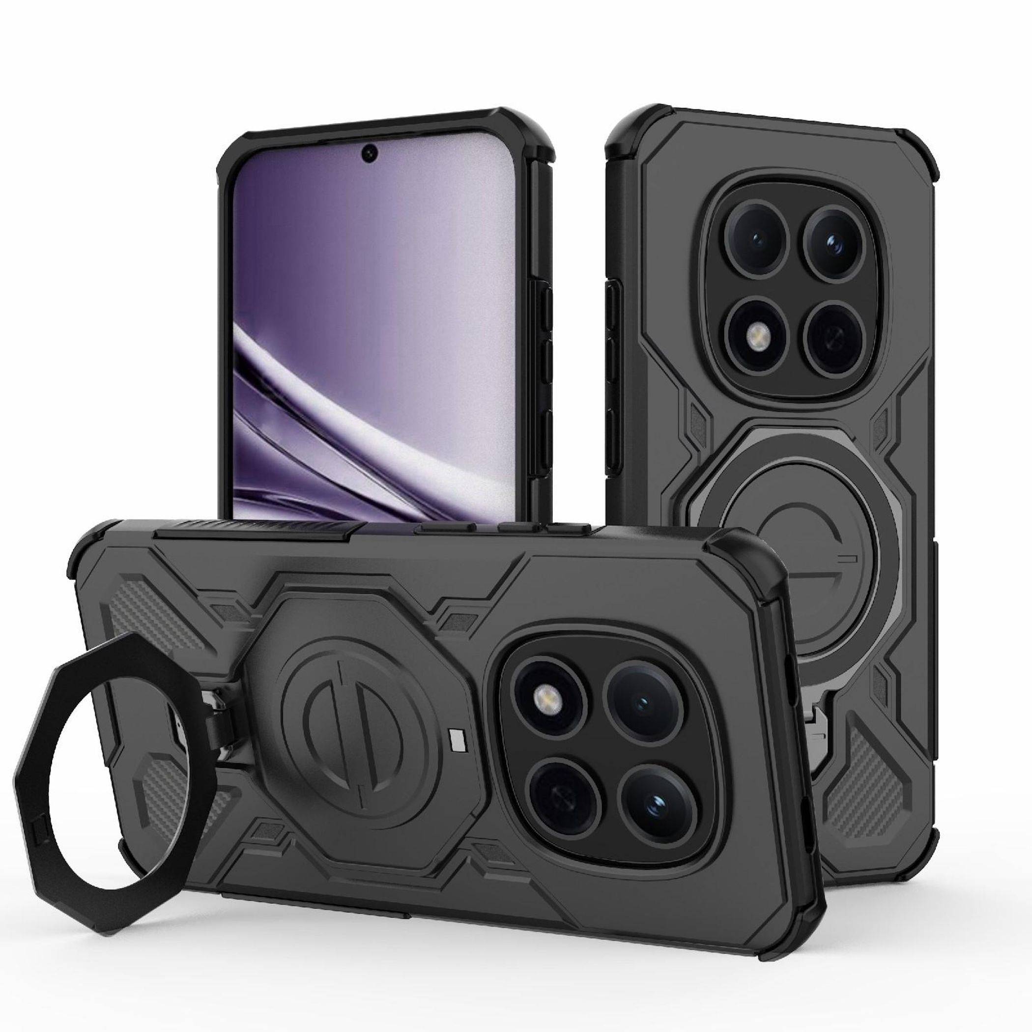 Schwarze robuste Smartphone-Hülle, die auf einem Telefon gezeigt wird, mit erhöhtem Kameraschutz, Griffring und Ständer-Ring-Zubehör im Kickstand-Stil.