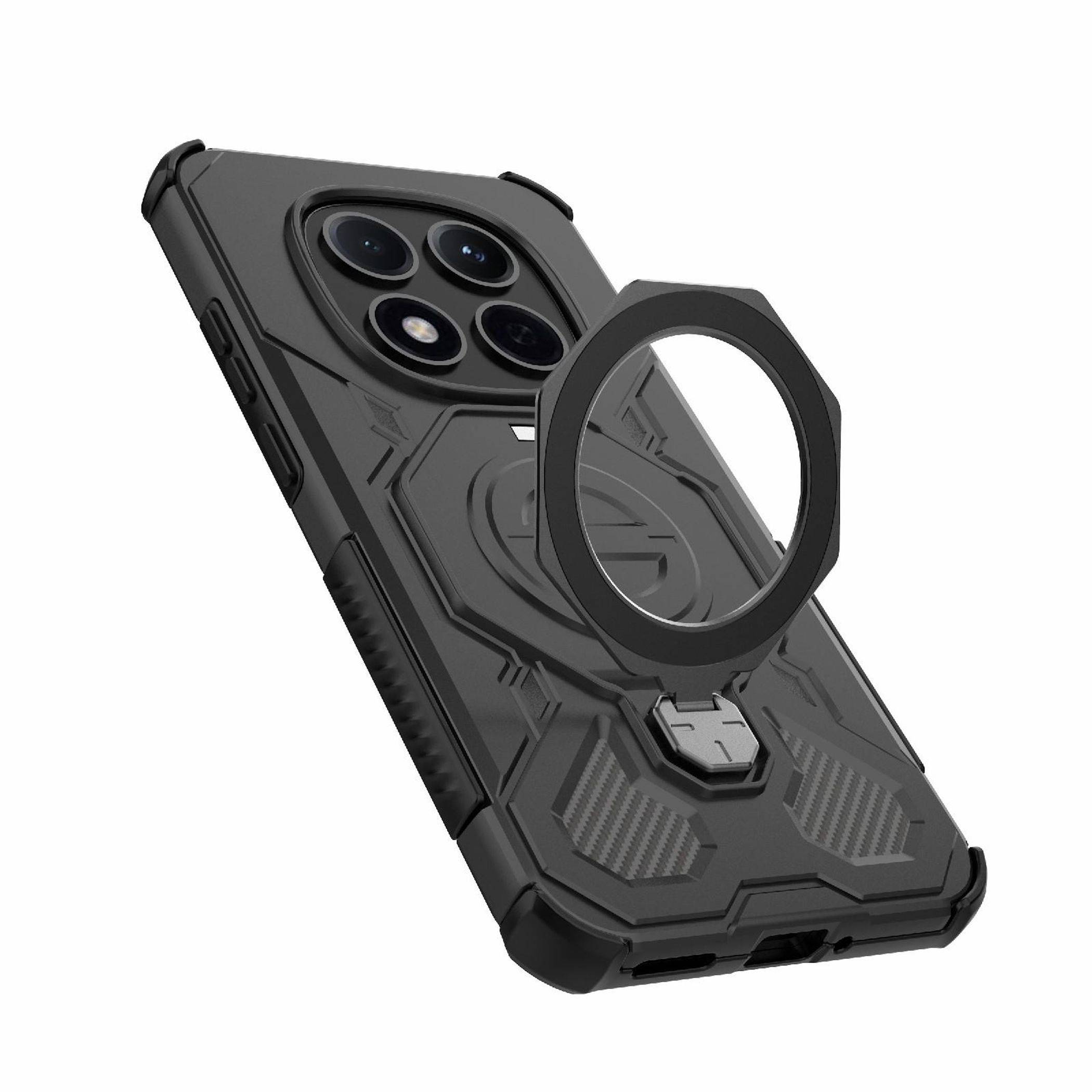 Robustes schwarzes Smartphone-Case mit erhöhtem Kameraschnitt und angebrachtem magnetischem Ringständer im MagSafe-Stil