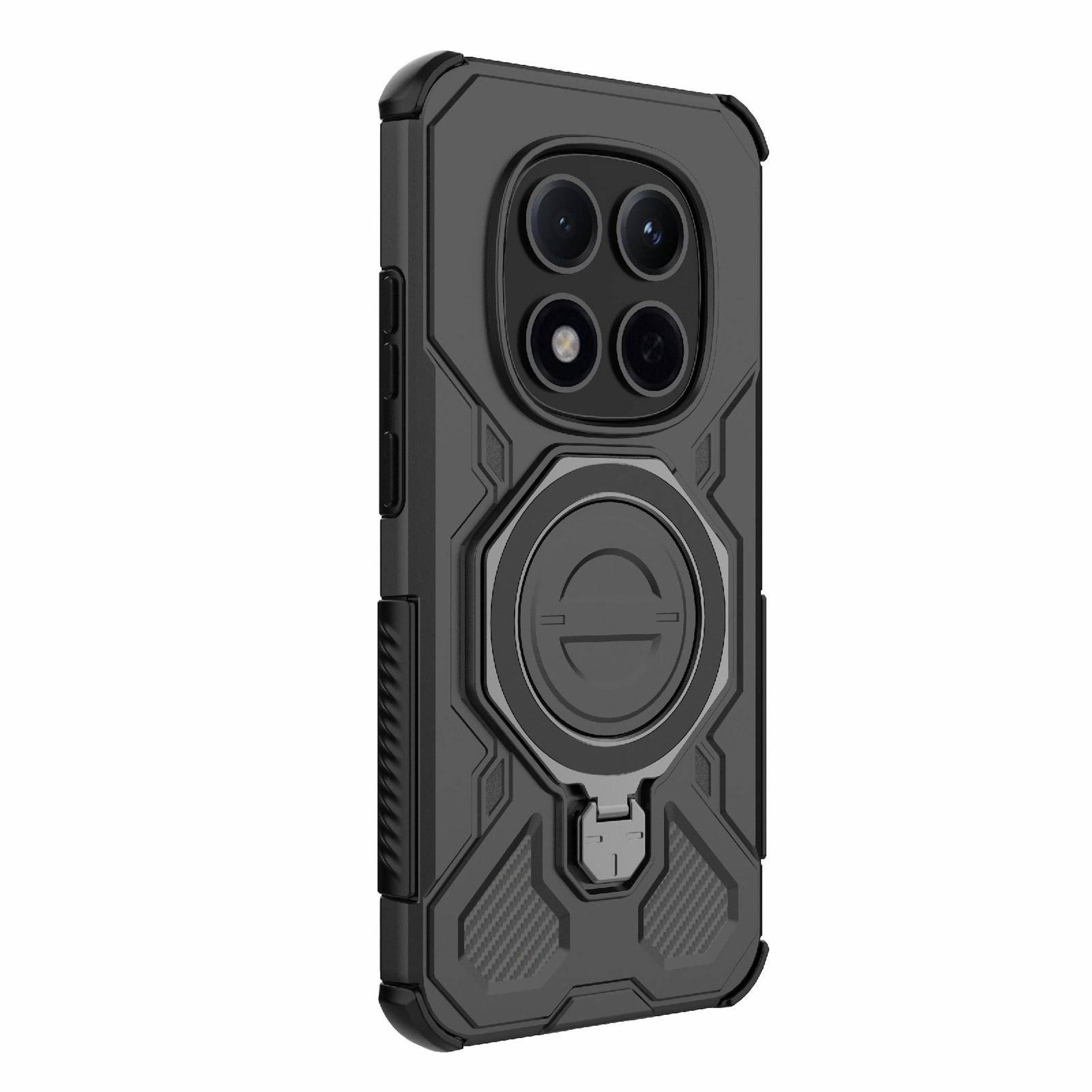 Robuste schwarze Smartphone-Hülle mit integriertem rundem Magnetständer und erhöhtem Kameraschutz.