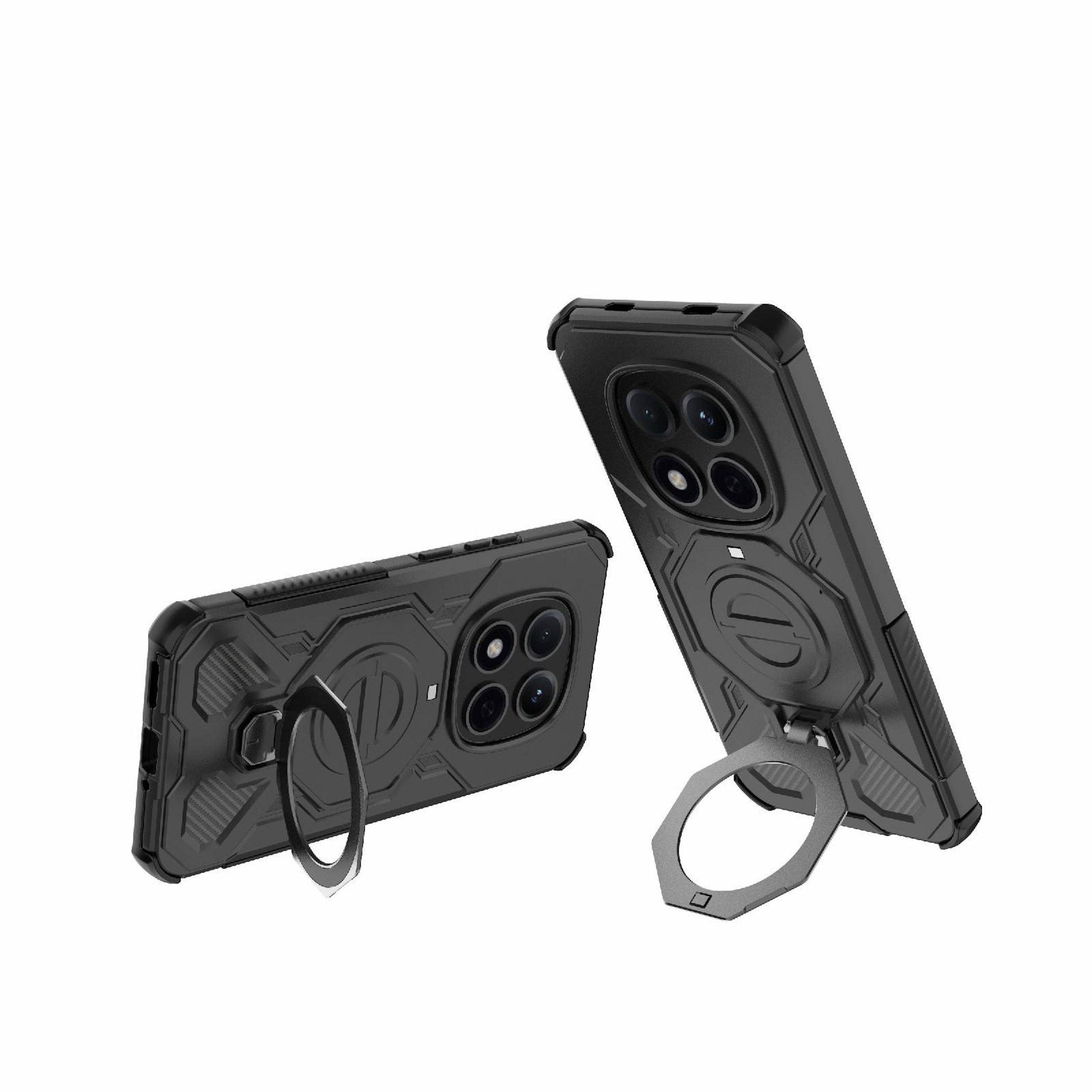 Schwarzes robustes Smartphone-Gehäuse mit integriertem Ringständer, gezeigt in horizontaler und vertikaler Ansichtsposition.