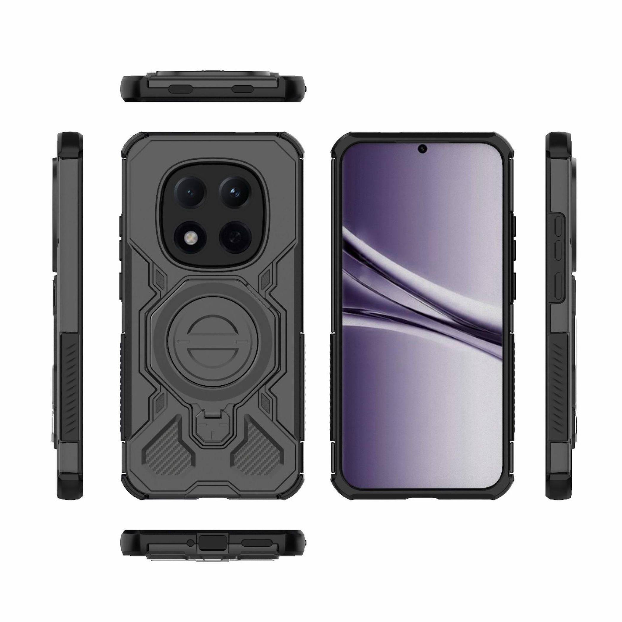 Schwarze robuste Smartphone-Schutzhülle von vorne, hinten, oben, unten und von der Seite gezeigt, mit erhöhtem Kameraschutz und kreisförmigem Griffring auf der Rückseite.
