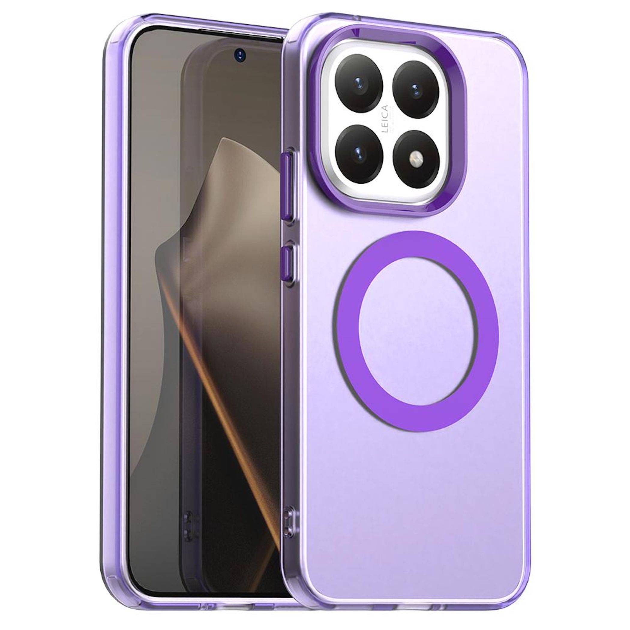 Zwei lavendelfarbene Smartphones von vorne und hinten gezeigt, mit einem großen hinteren Kameramodul und einem kreisförmigen Magnetring auf der Hülle.