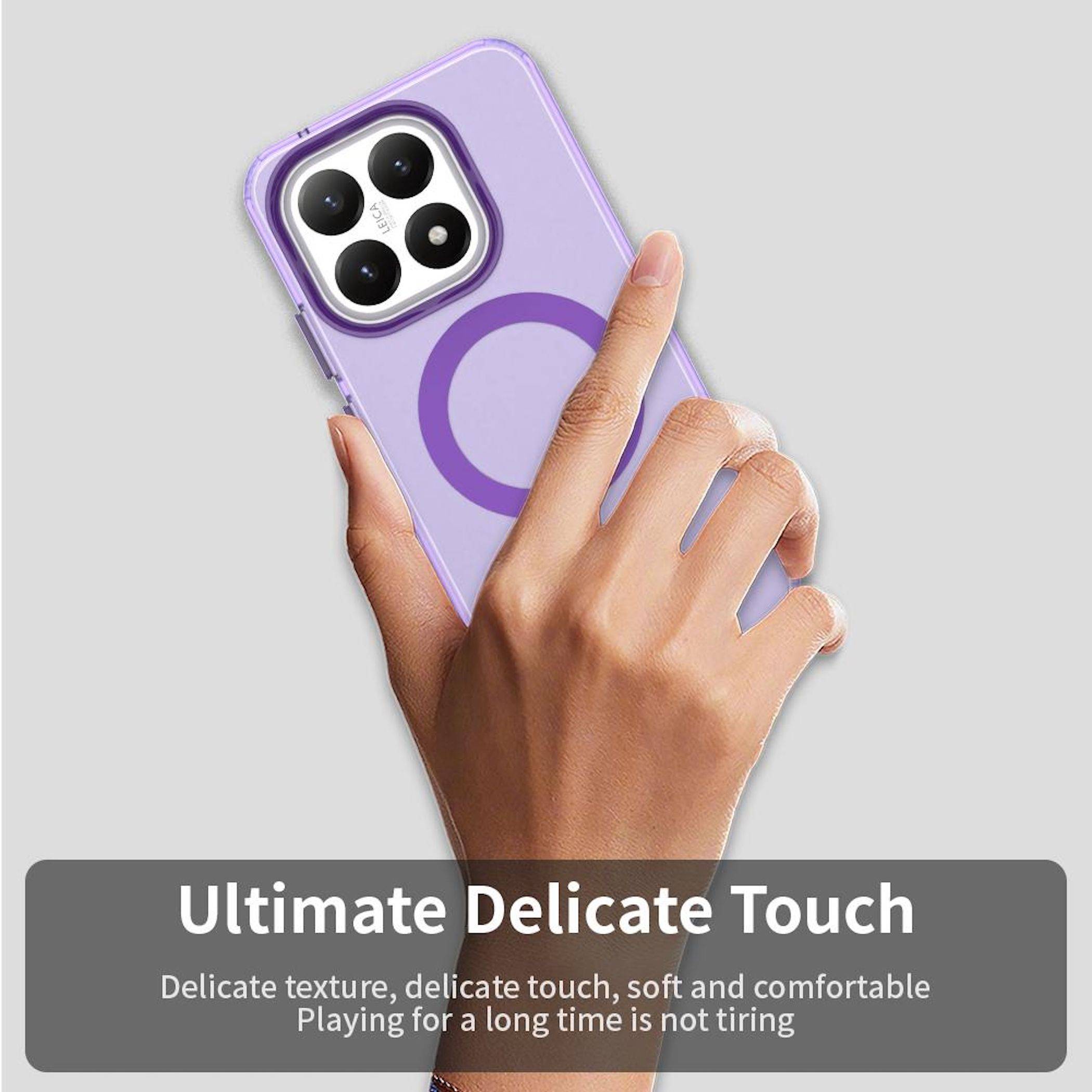 Eine Hand, die ein lila Smartphone mit einer MagSafe-ähnlichen Ringhalterung hält; der Anzeigentext lautet „Ultimate Delicate Touch