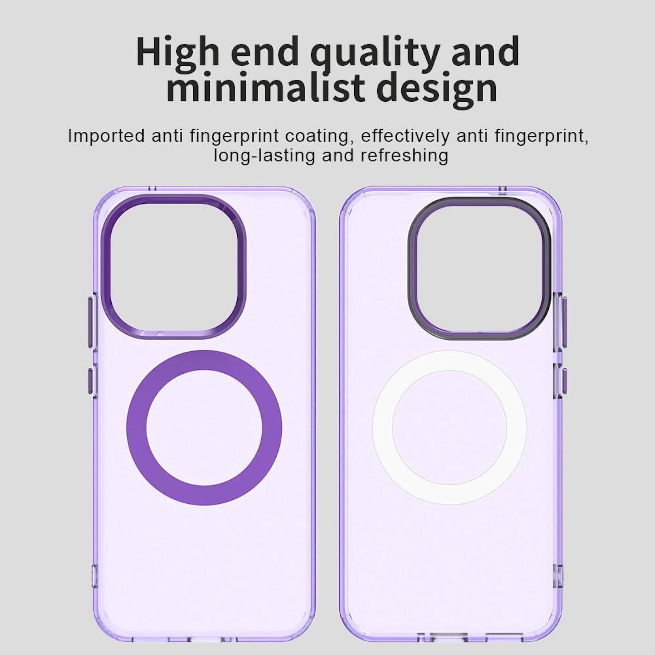 Werbegrafik mit zwei durchscheinenden lila Handyhüllen mit großen Kameraausschnitten, gekennzeichnet mit „High-End-Qualität und minimalistisches Design