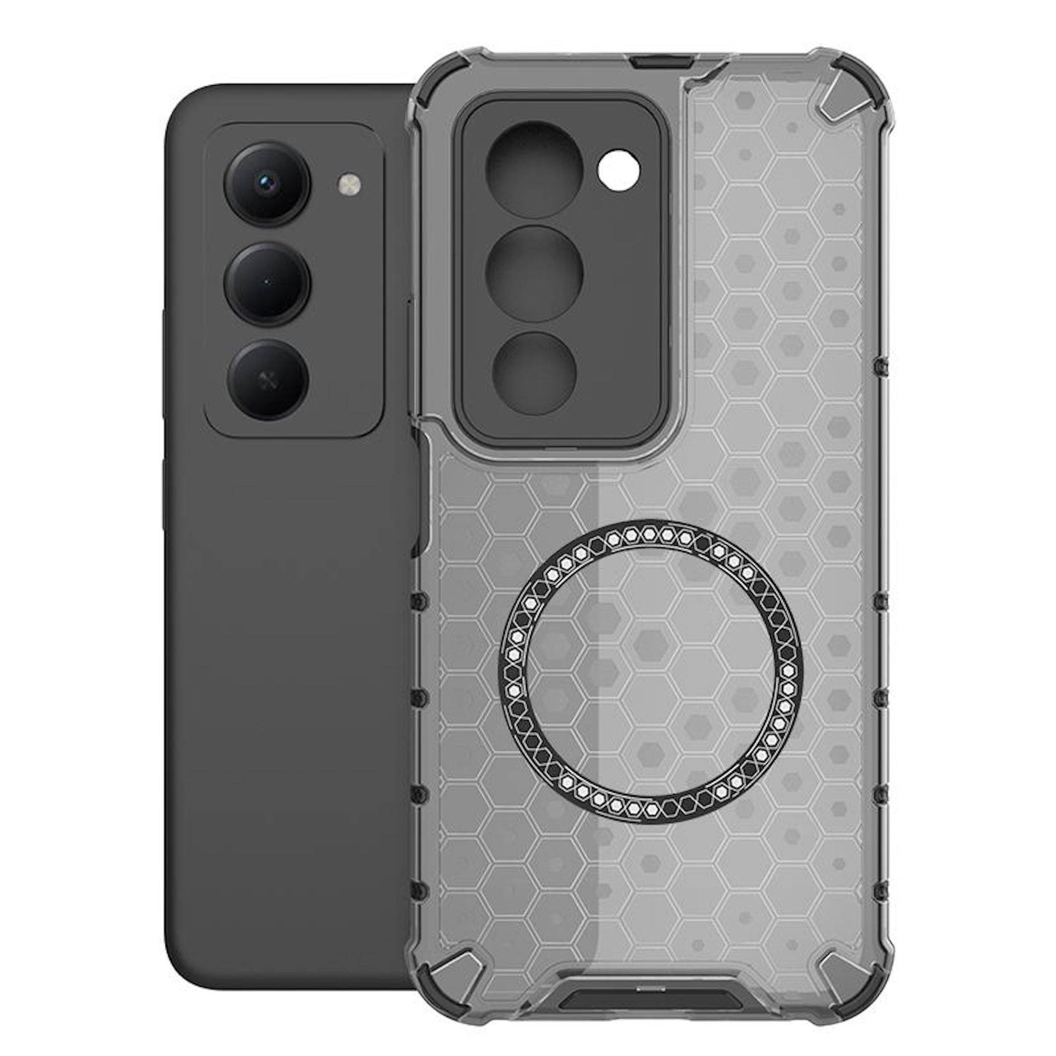 Zwei Smartphone-Hüllen, Rücken an Rücken gezeigt: eine schlichte schwarze Hülle und eine transparente robuste Hülle mit Wabenstruktur, großem Kameraausschnitt und kreisförmigem Magnetring.