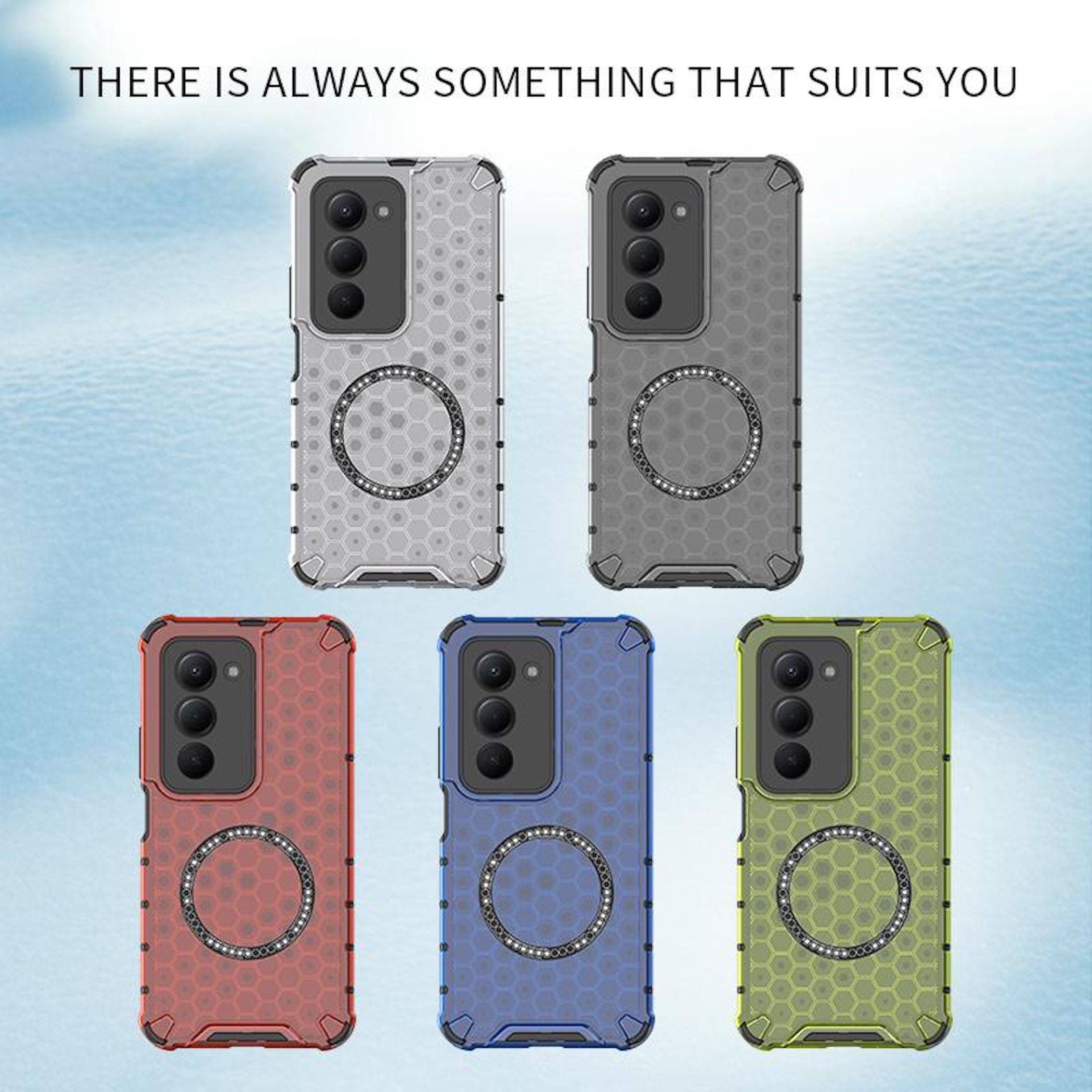 Anzeigenbild mit fünf gemusterten Smartphone-Hüllen in Grau, Rot, Blau und Grün mit dem Slogan „ES GIBT IMMER ETWAS, DAS ZU DIR PASST