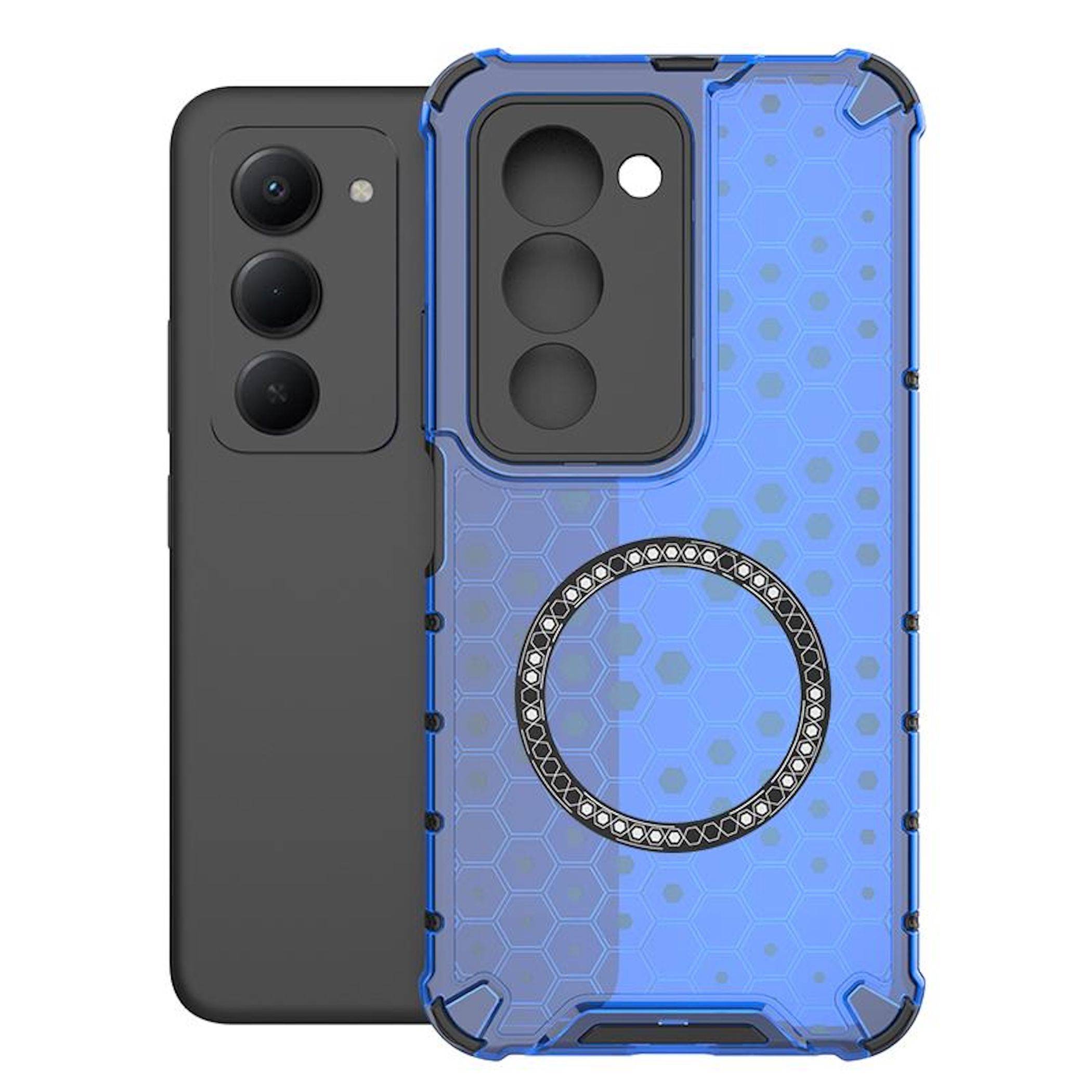 Zwei Smartphone-Hüllen nebeneinander: eine schlichte schwarze Hülle und eine blaue transparente Hülle mit verstärkten Ecken, Kameraausschnitt und magnetischem Ring.