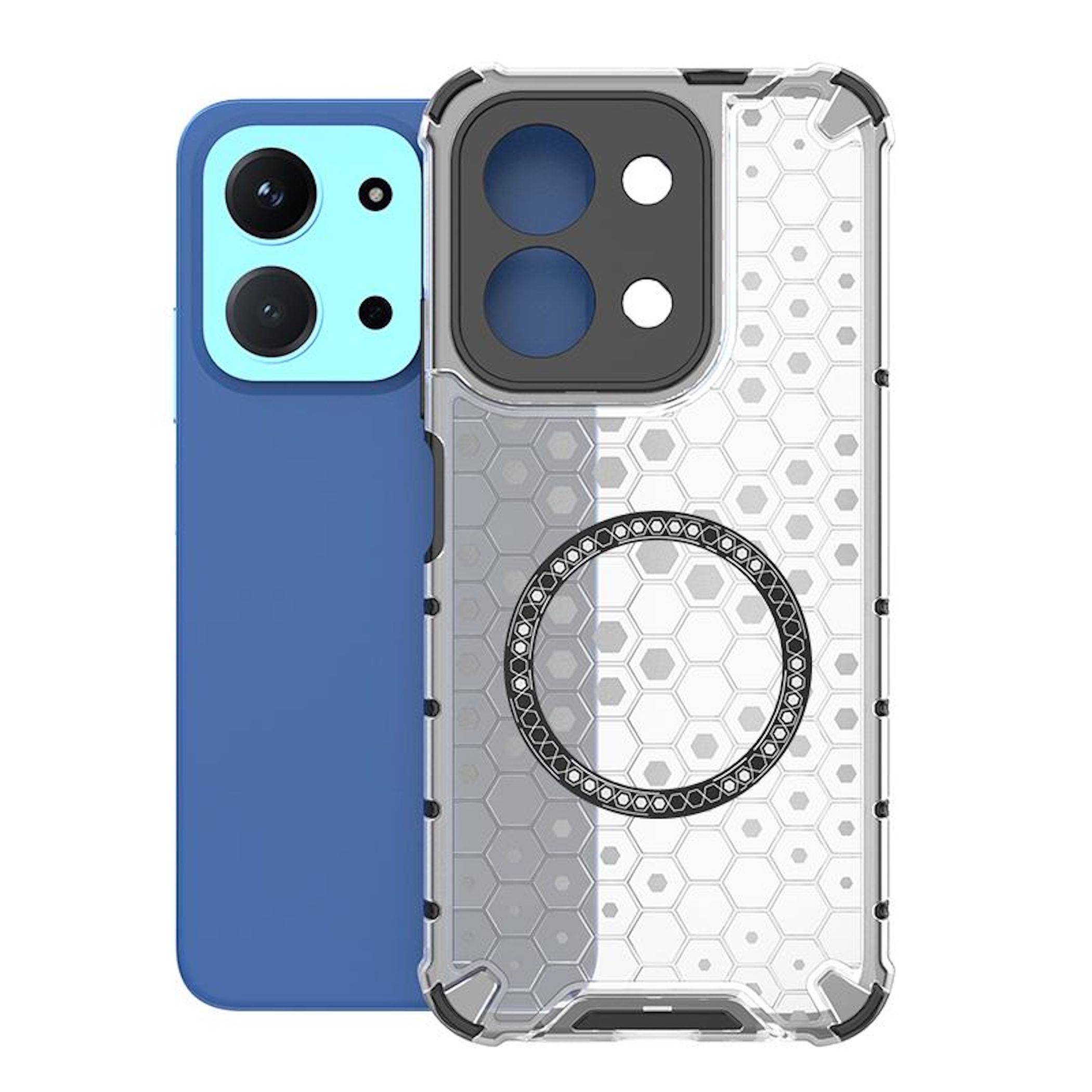 Zwei Smartphones nebeneinander, eines in einem blauen Gehäuse und eines in einem durchsichtigen robusten Gehäuse mit einem großen kreisförmigen MagSafe-ähnlichen Ring und Sechseckmuster.