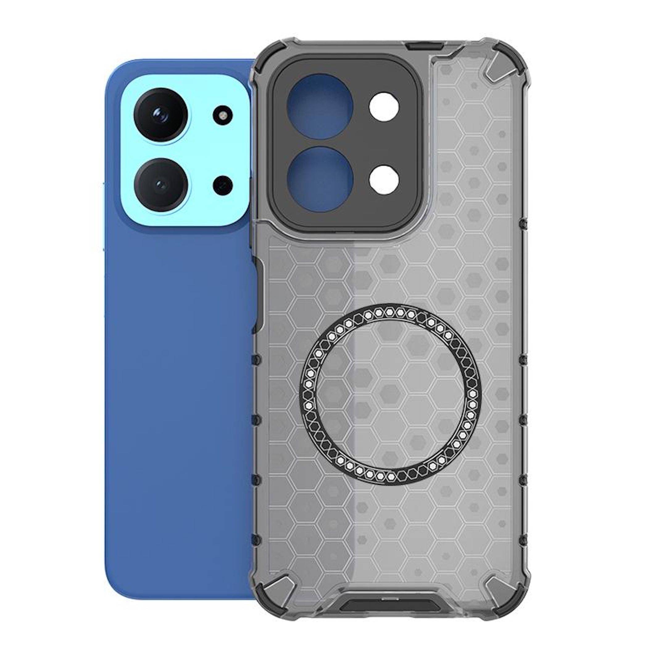 Zwei Smartphone-Hüllen überlappen sich: Eine blaue Hülle auf der linken Seite und eine graue robuste Hülle mit einem kreisförmigen MagSafe-Ring auf der rechten Seite, wobei Kameraausschnitte sichtbar sind.