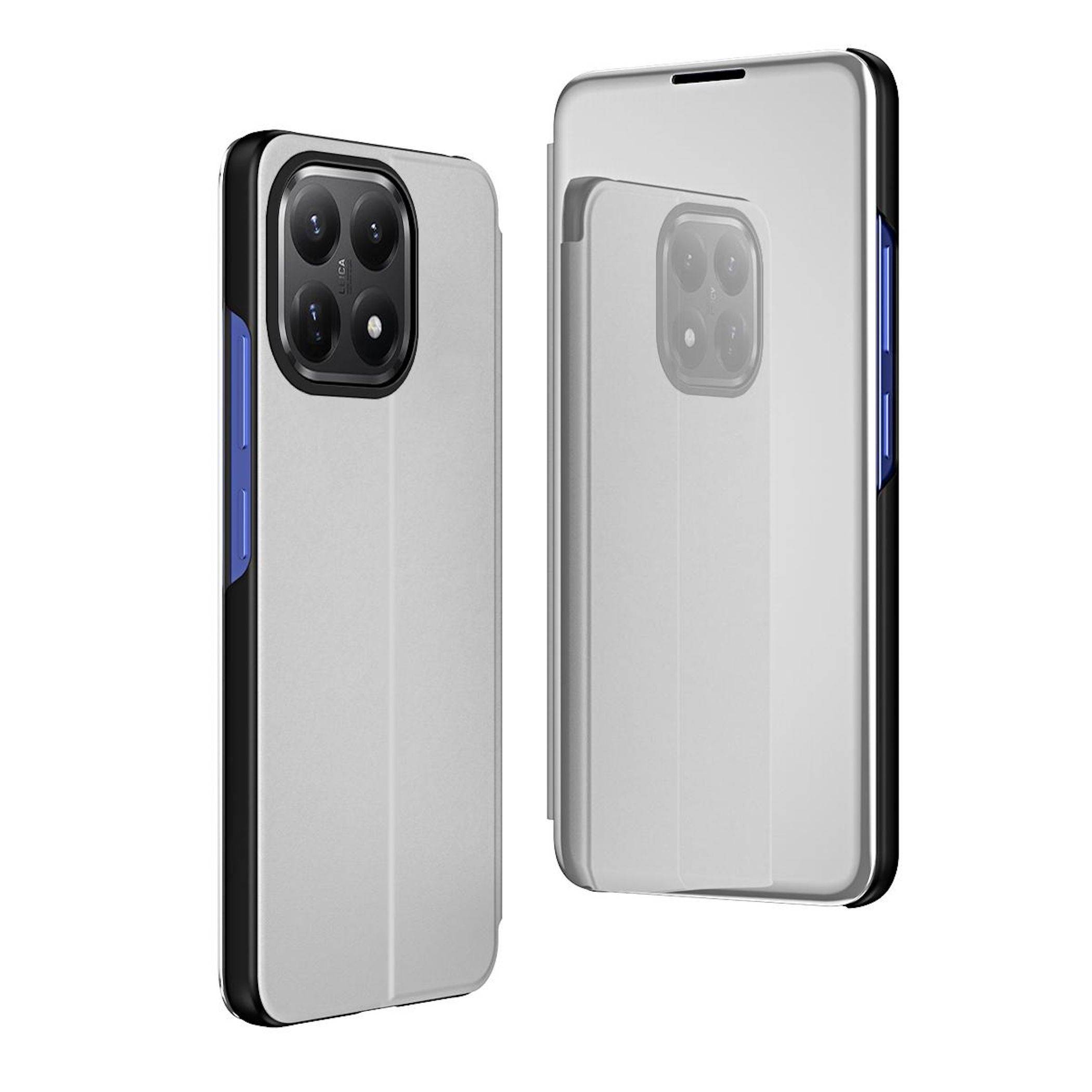 Zwei graue Smartphone-Schutzhüllen, von vorne und hinten abgebildet, mit erhöhter Kameraaussparung, seitlichen Schaltflächen-Akzenten und transparentem Rückpanel.