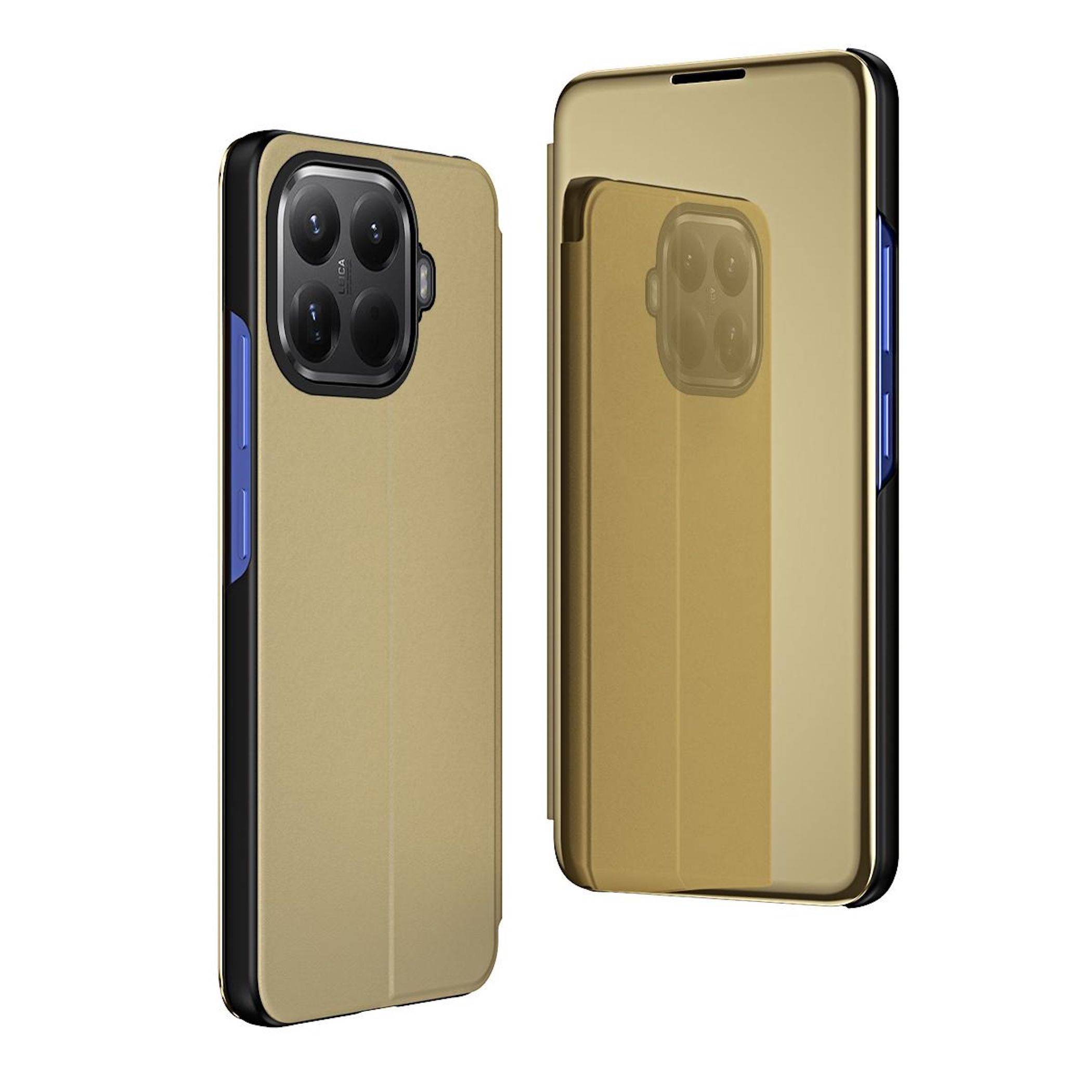 Zwei Ansichten einer goldenen Smartphone-Hülle mit Kameraausschnitt und Seitentasten, von vorne und von hinten vor weißem Hintergrund gezeigt.