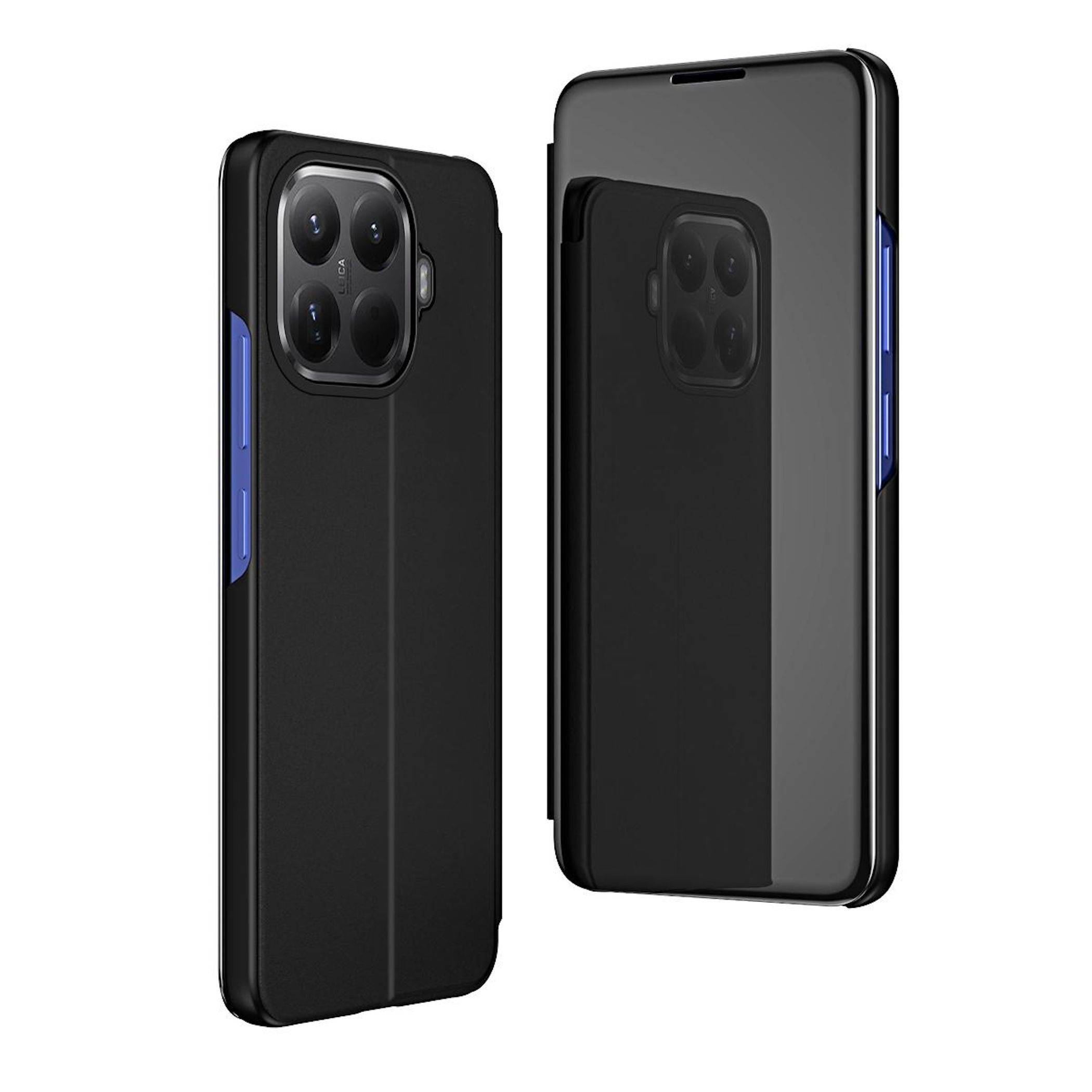 Zwei Ansichten einer schwarzen Smartphone-Hülle mit erhöhener Kameraaussparung und blauen Seitentasten, von vorne und hinten auf weißem Hintergrund dargestellt.