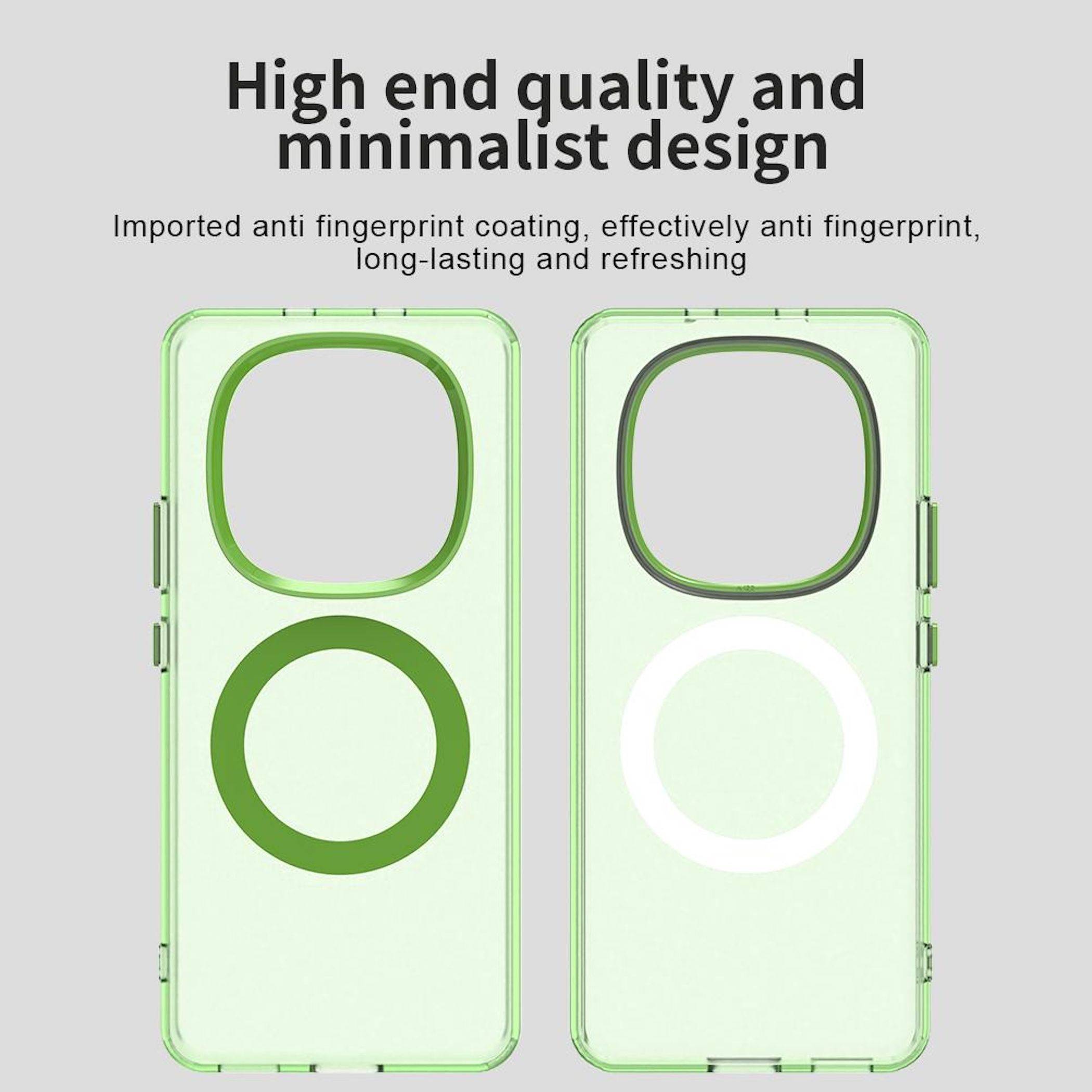 Werbebild von zwei mintgrünen Handyhüllen mit großen Kameraaussparungen, mit der Aufschrift „Hochwertige Qualität und minimalistisches Design
