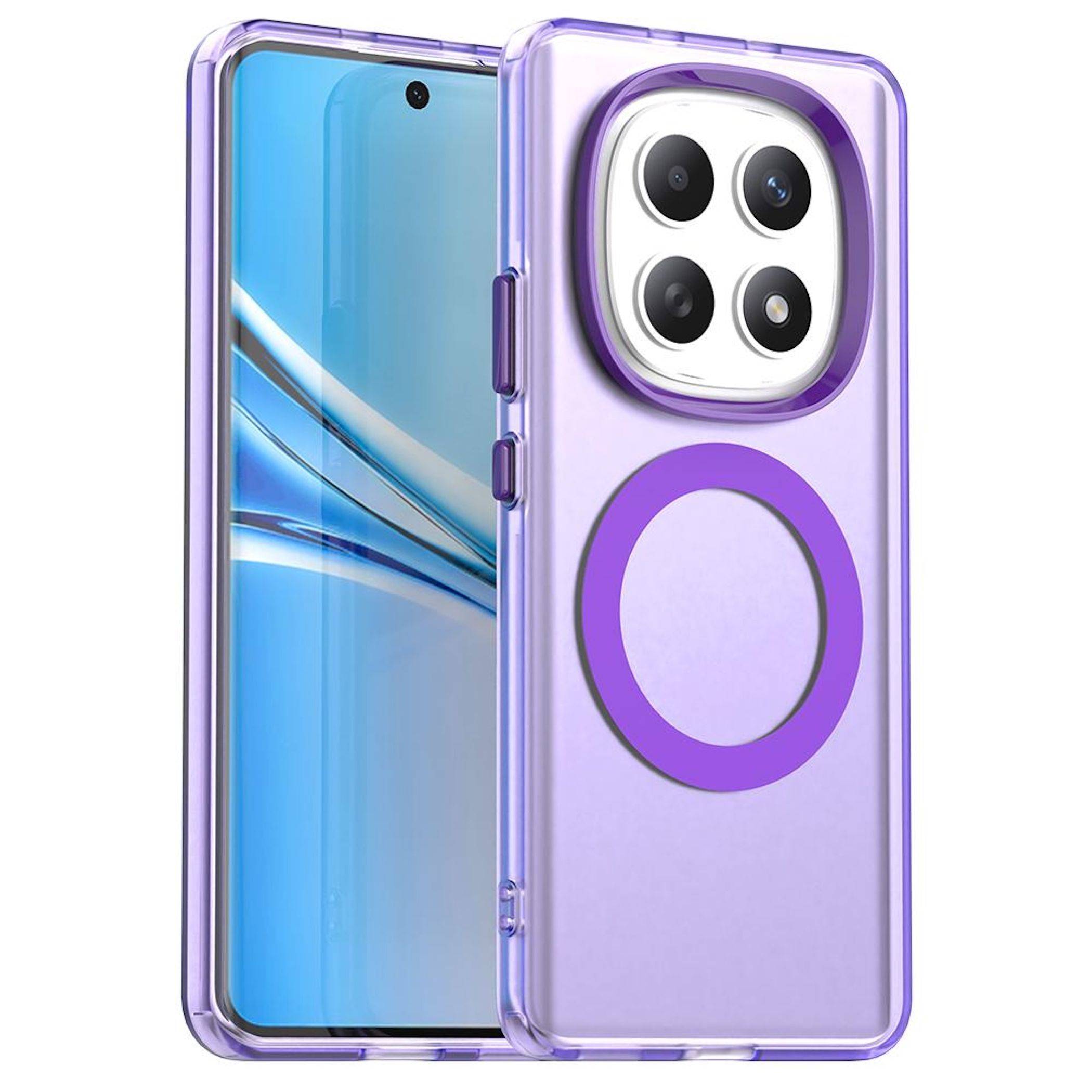 Violette transparente Handyhülle von vorne und hinten auf einem Smartphone gezeigt, mit erhöhtem Kamerasschutz und einem kreisförmigen MagSafe-Ring auf der Rückseite.
