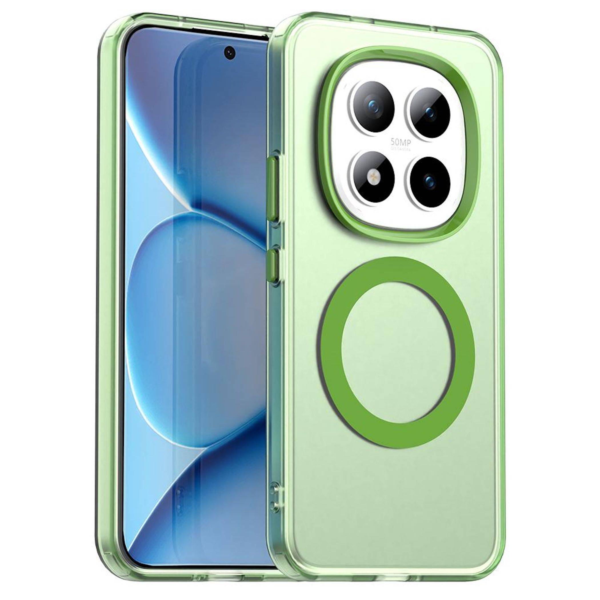 Zwei grüne Smartphones, die vorne und hinten gezeigt werden, mit einem großen quadratischen Quad-Kamera-Modul und einem kreisförmigen MagSafe-ähnlichen Ring auf der Rückseite.