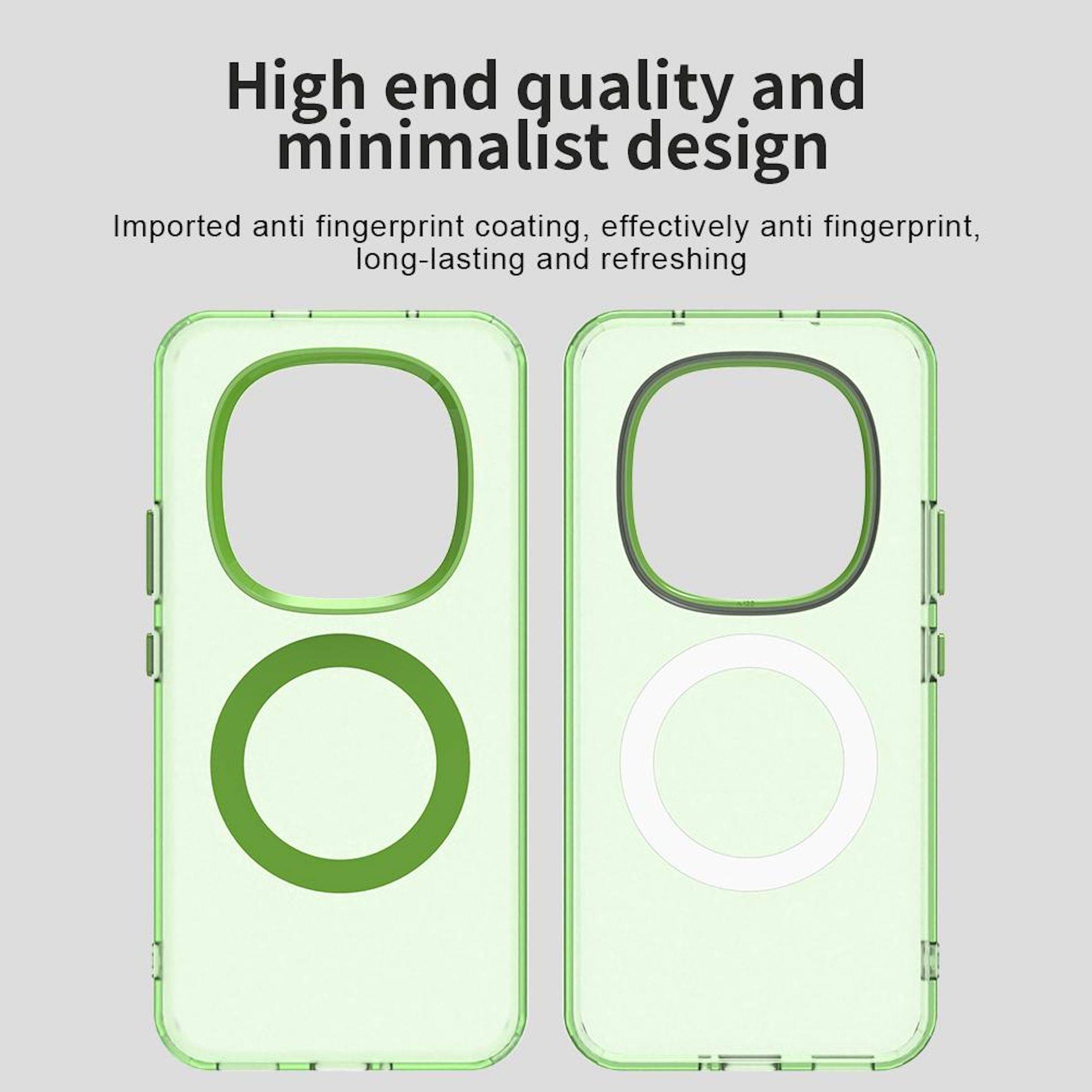 Werbebild von zwei transparenten grünen Handyhüllen mit großen Kameraausschnitten und kreisförmigen MagSafe-Ringen, gekennzeichnet mit „Hochwertige Qualität und minimalistisches Design