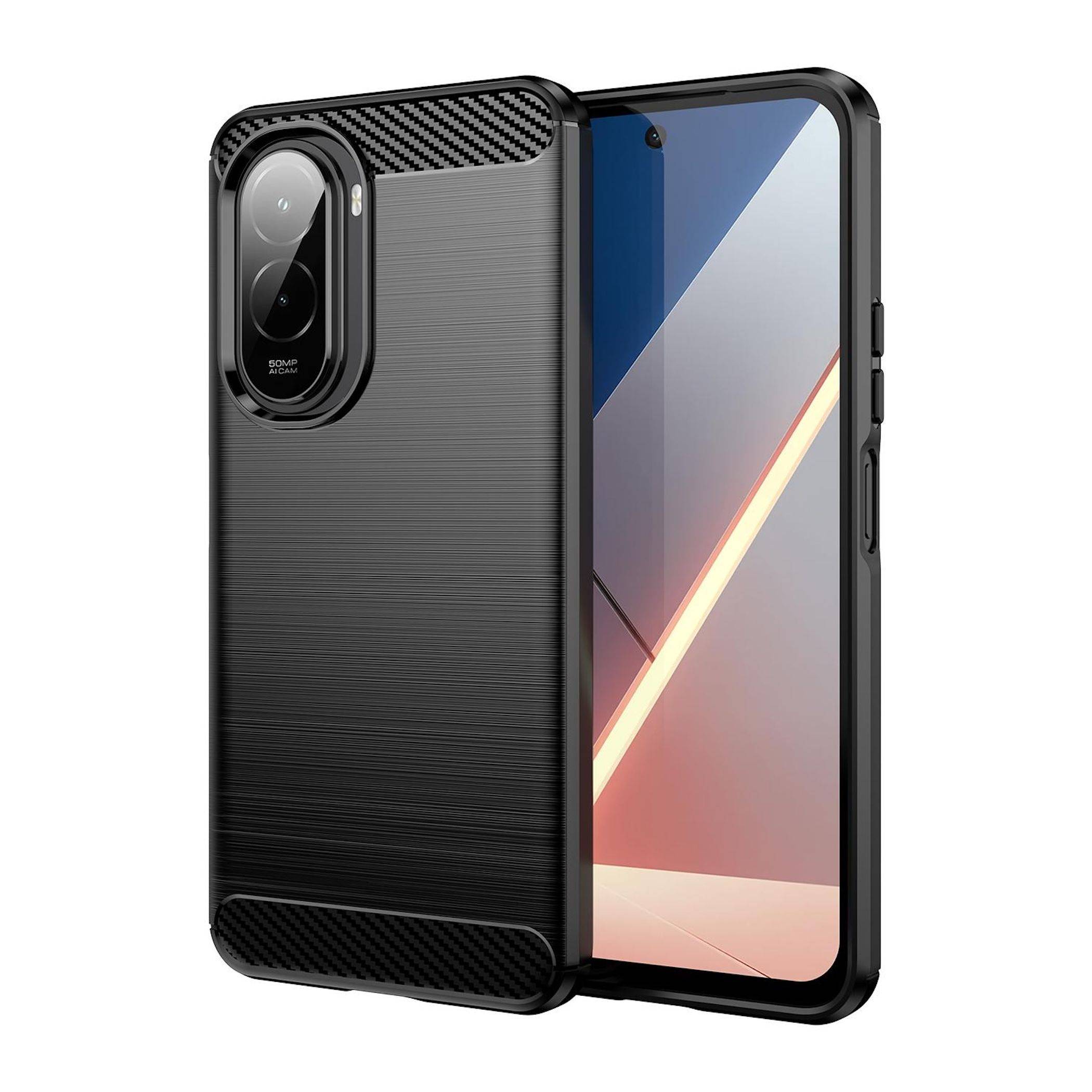 Schwarze strukturierte Schutzhülle für Smartphones mit erhöhtem Kameraausschnitt und Akzenten im Kohlefaser-Stil.