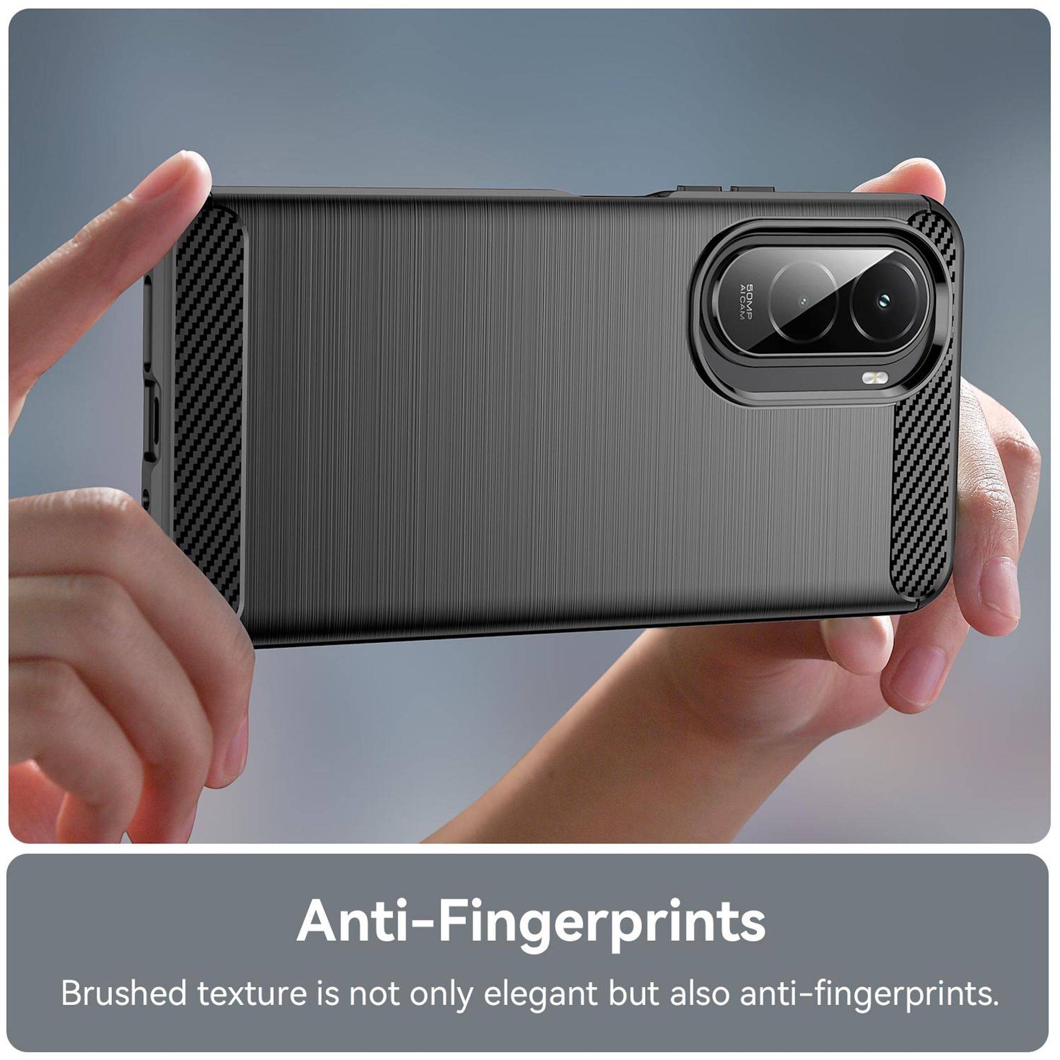 Hände halten ein Telefon in einer strukturierten schwarzen Hülle mit erhöhtem Kamerasschutz; Text besagt „Fingerabdruckfrei