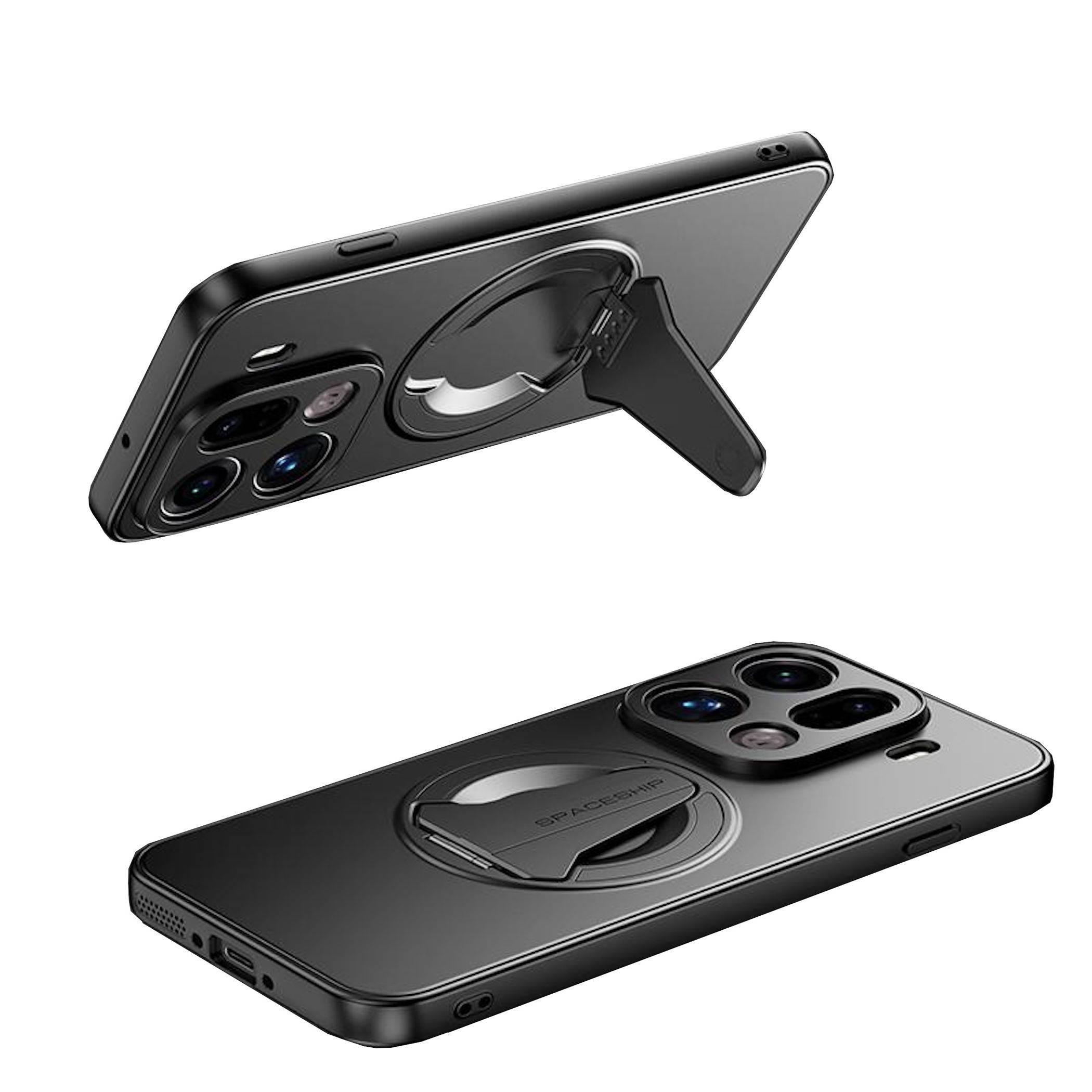 Schwarzes Smartphone mit ausklappbarem Ständer und kreisförmigem magnetischem Ringhalter auf der Rückseite, dargestellt in zwei angewinkelten Ansichten.