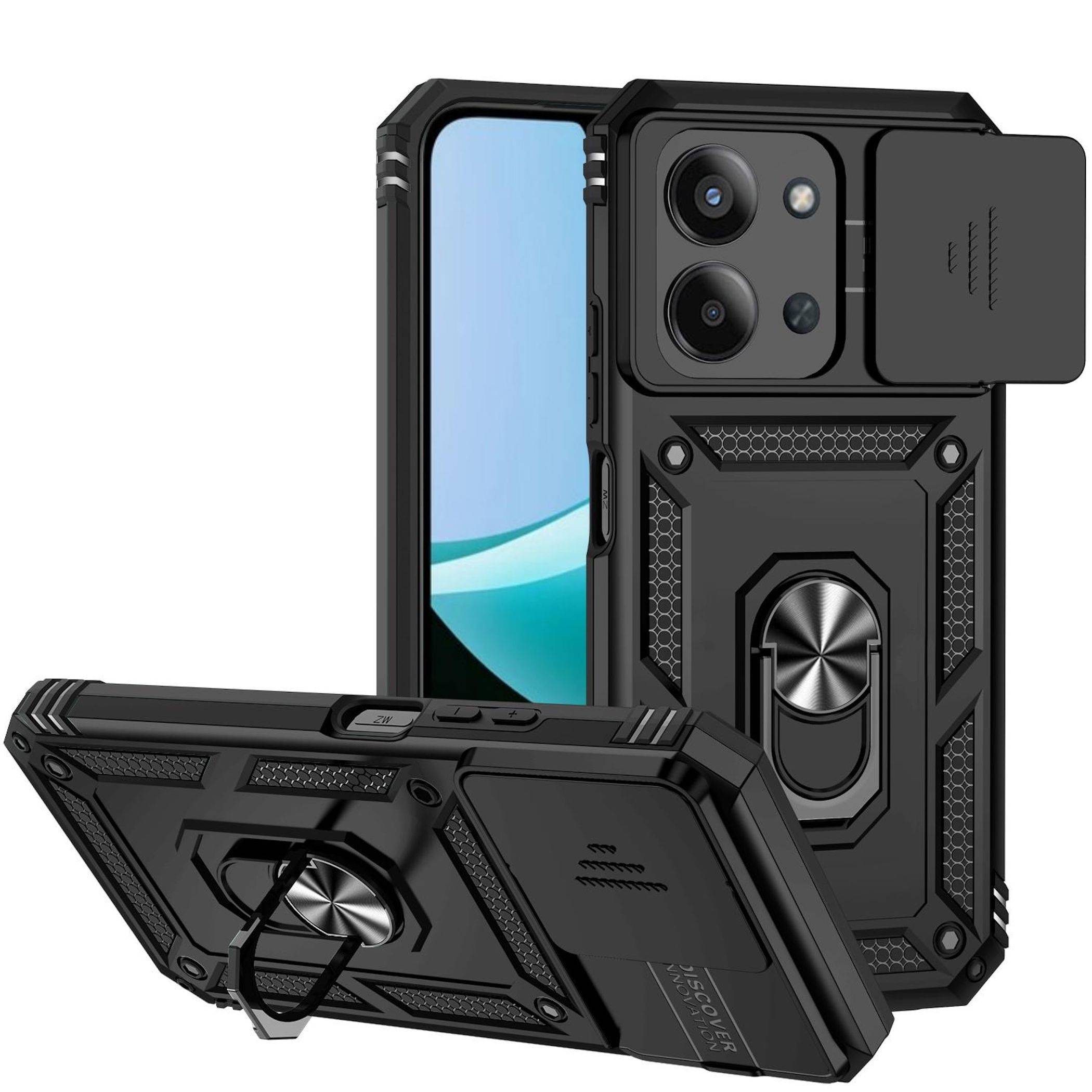Robustes schwarzes Smartphone-Case mit integriertem Ständer und Kameraschieber, gezeigt von Vorder- und Rückseite