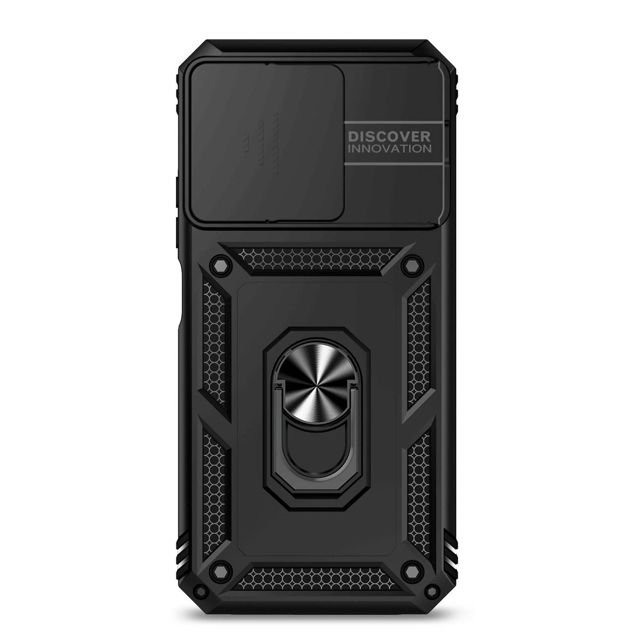 Robuste schwarze Smartphone-Schutzhülle mit integriertem rundem Ständer und „DISCOVER INNOVATION