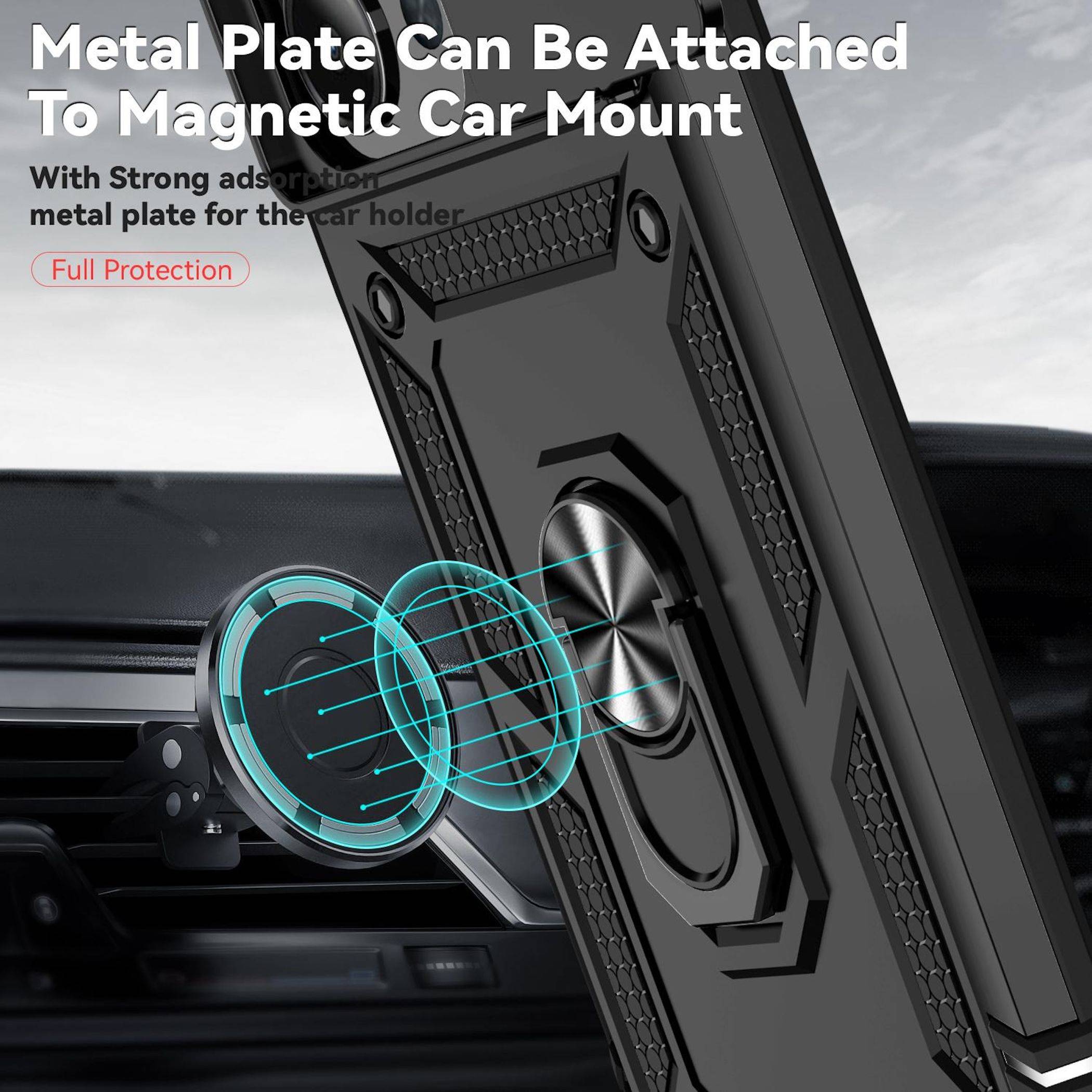 Illustration einer Metallplatte, die sich an eine magnetische Autohalterung anschließt und starke magnetische Adsorption für eine Telefonhalterung zeigt.