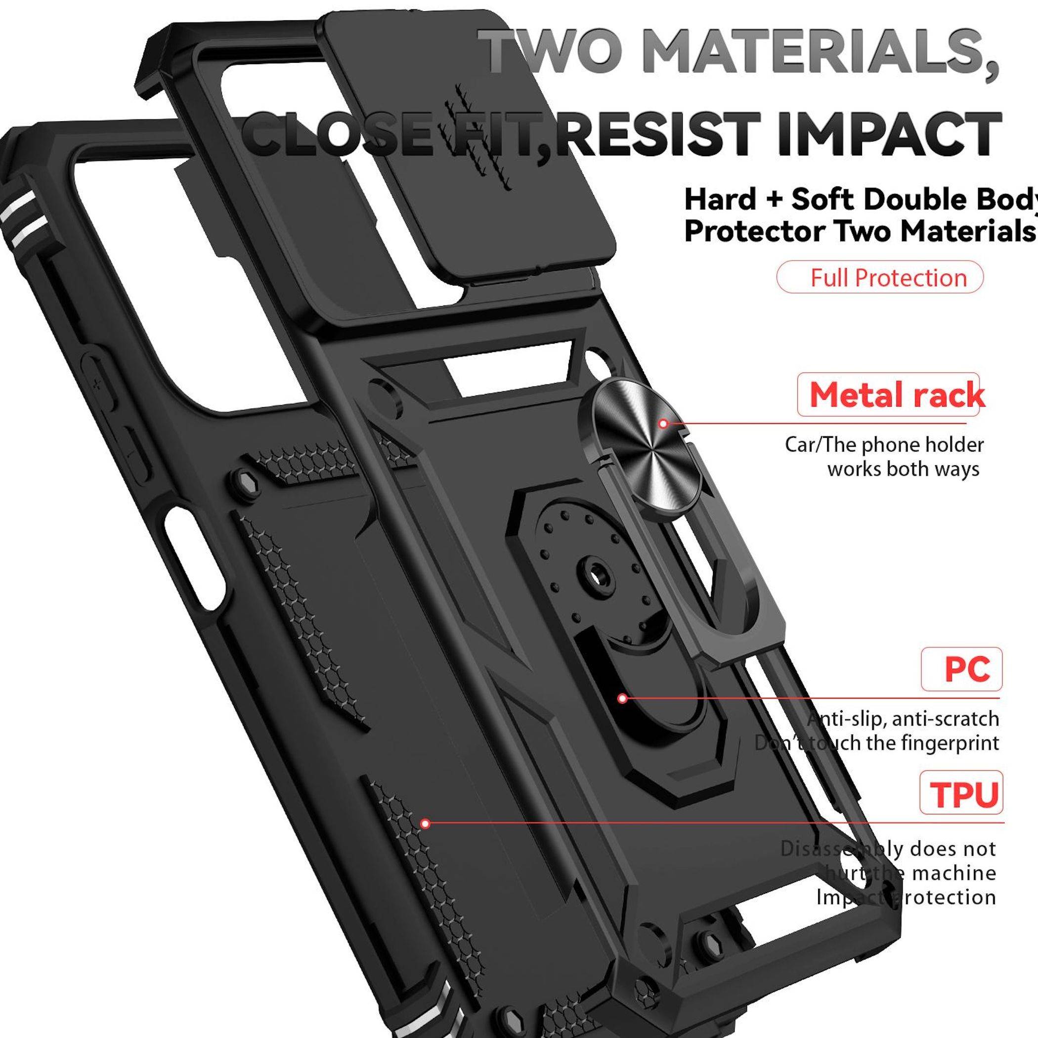 Schwarze robuste Handyhülle mit integriertem Metallringhalter, gekennzeichnet als Hard- und Soft-Dual-Body-Schutzhülle mit PC- und TPU-Materialien.
