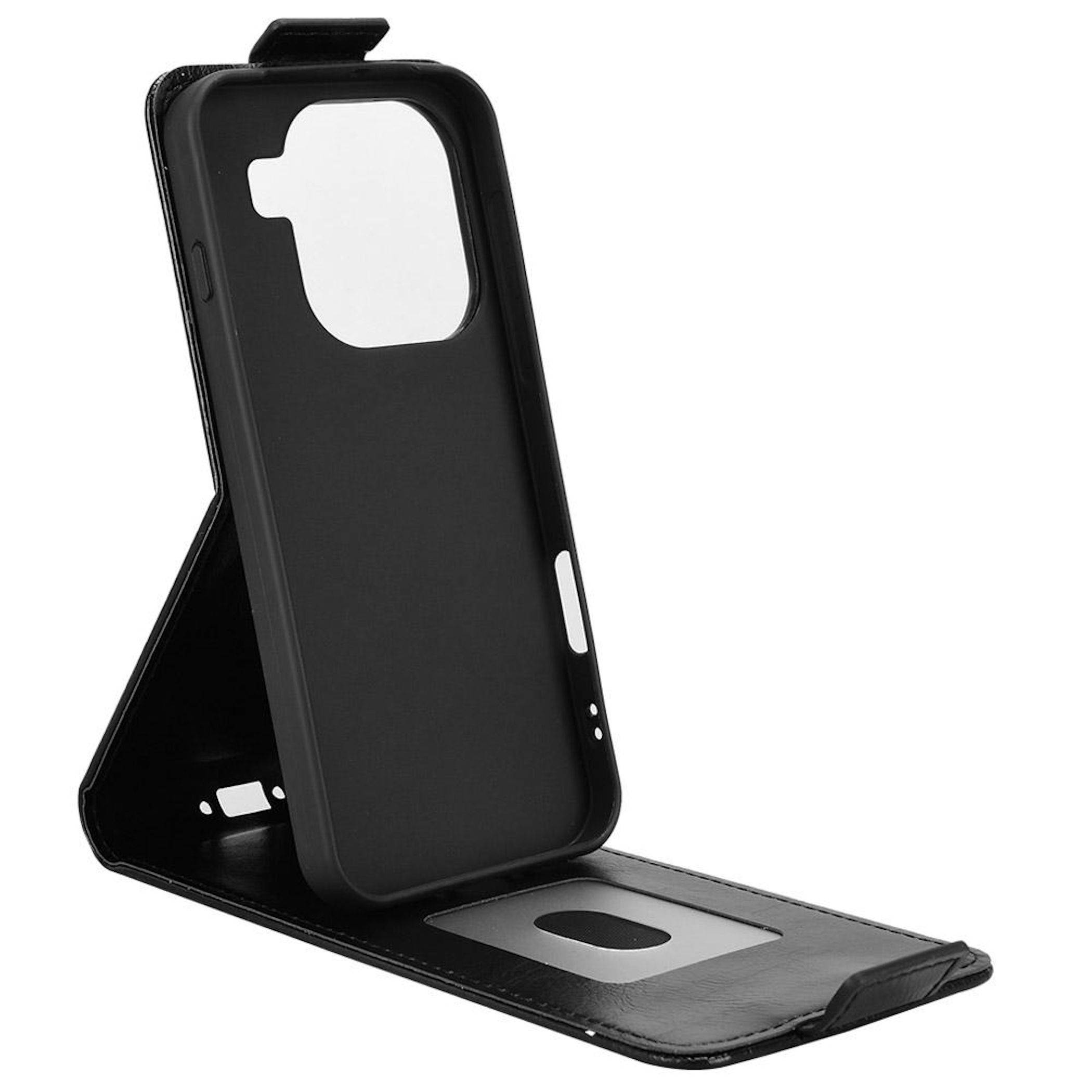 Schwarze faltbare Schutzhülle für Smartphones mit geöffnetem Frontdeckel, dargestellt auf weißem Hintergrund.
