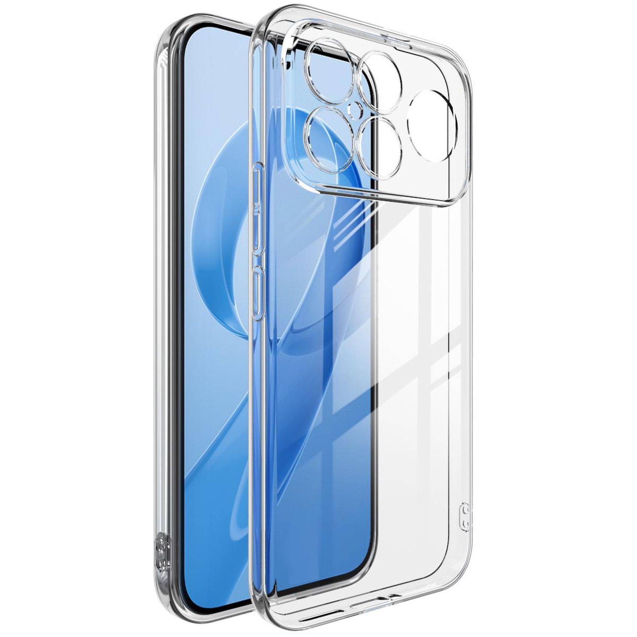 Transparente Handyhülle auf einem Smartphone, die eine durchsichtige Schutzabdeckung mit erhöhten Kameraaussparungen zeigt.