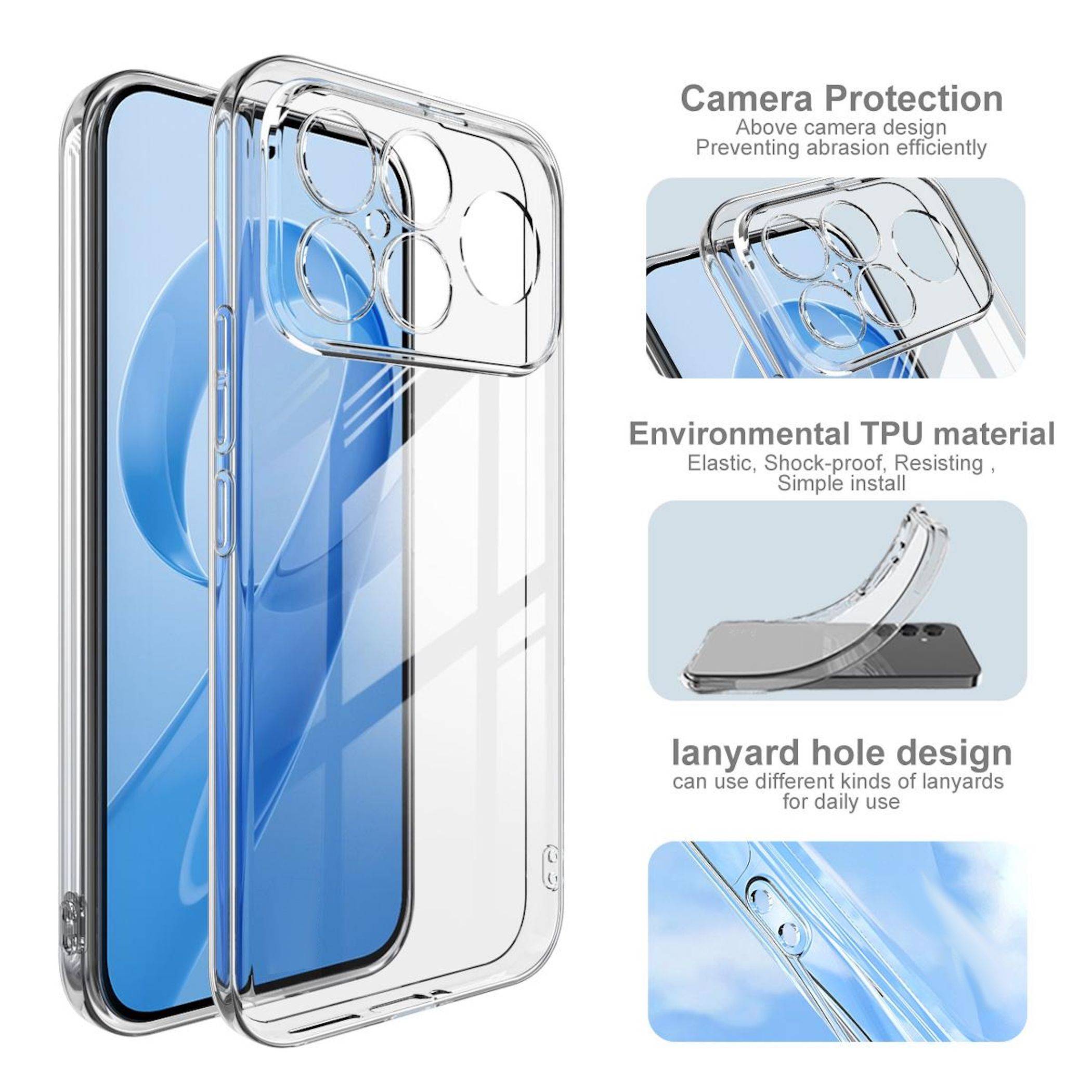 Transparente Handyhülle mit erhöhtem Kameraschutz, umweltfreundlichem TPU-Material und Lanyard-Löchern in nahaufnahmeartigen Produktansichten.