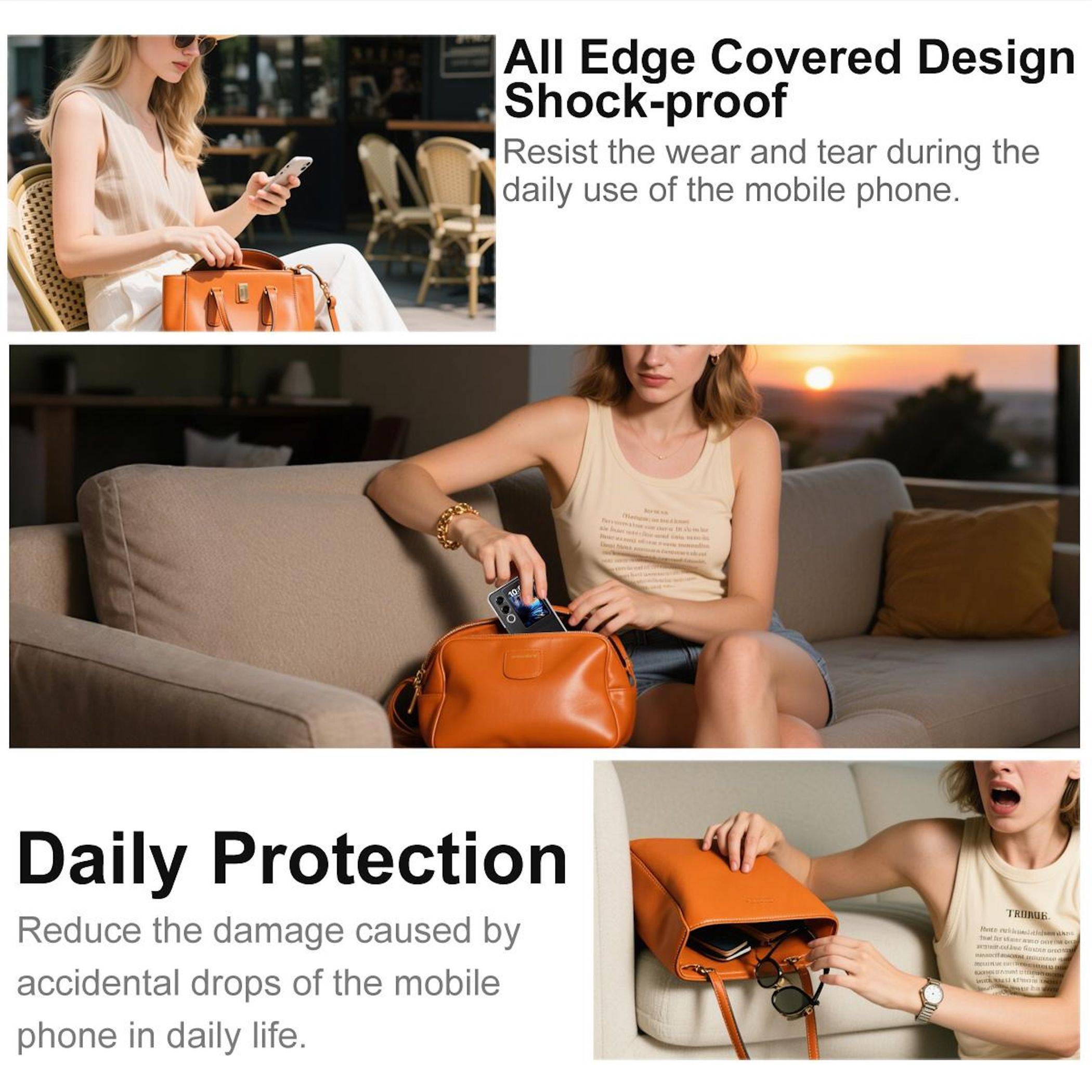 Werbegrafik, die eine Frau zeigt, die ein Telefon neben einer orangefarbenen Tasche benutzt, mit Hervorhebung von „All Edge Covered Design Shock-proof
