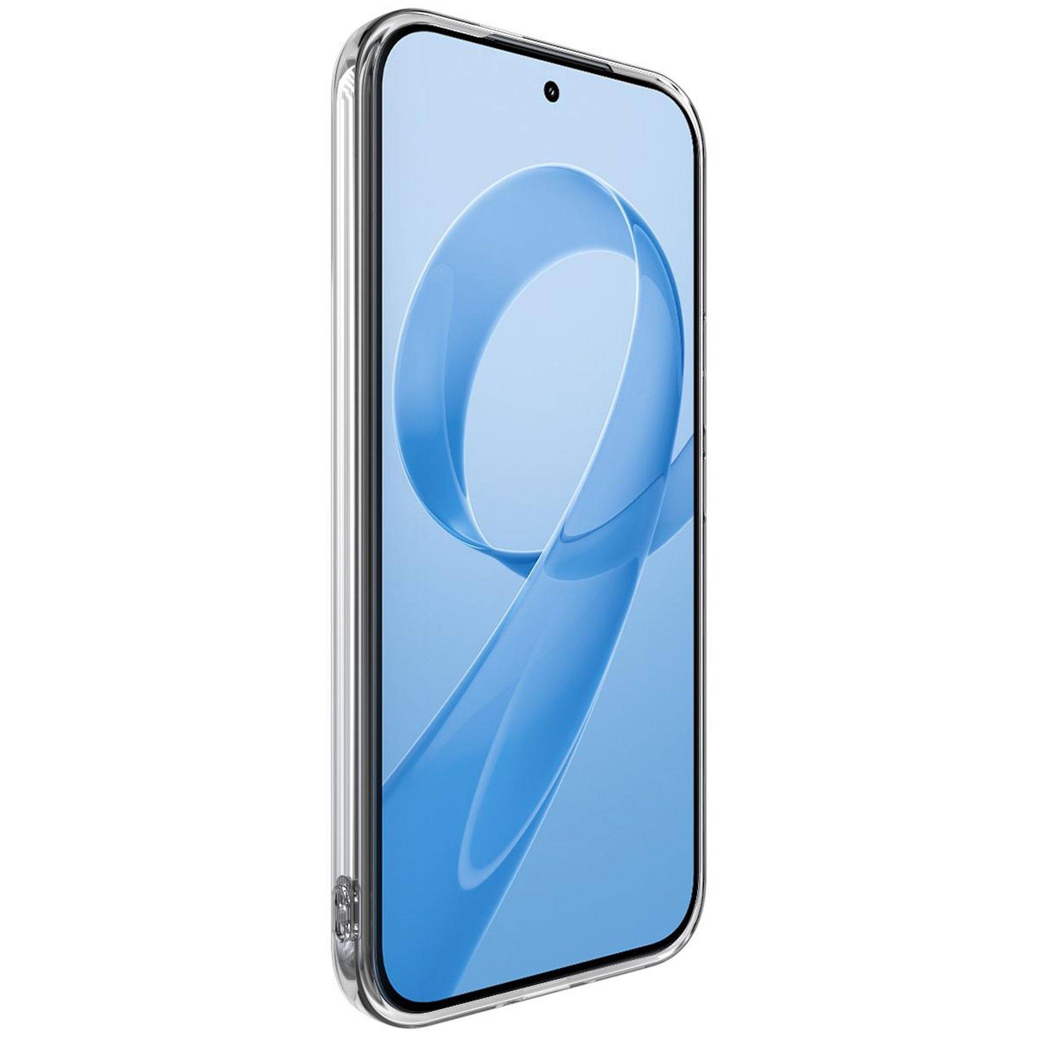 Silbernes Smartphone in schräger Seitenansicht mit blauem abstraktem 9-Hintergrundbild auf dem Bildschirm.