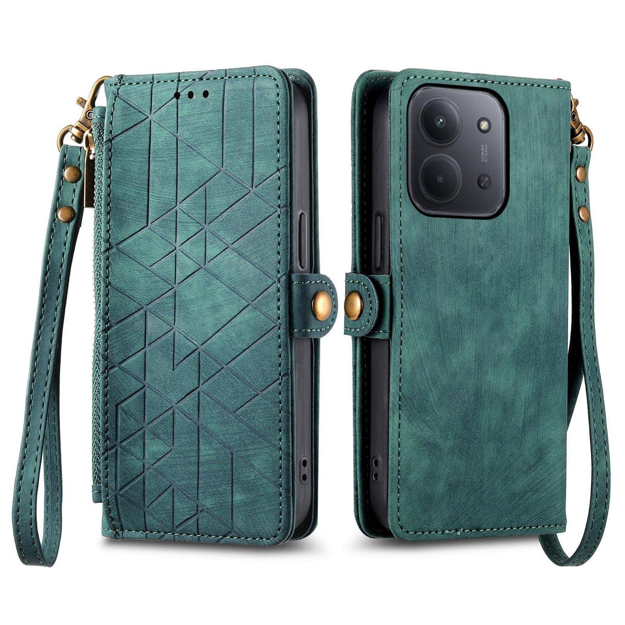Dunkelgrünes Leder-Smartphone-Geldbörsen-Etui mit Riemen, geöffnet vorne und hinten gezeigt, mit geometrischem Prägmuster und Kameraaussparung.