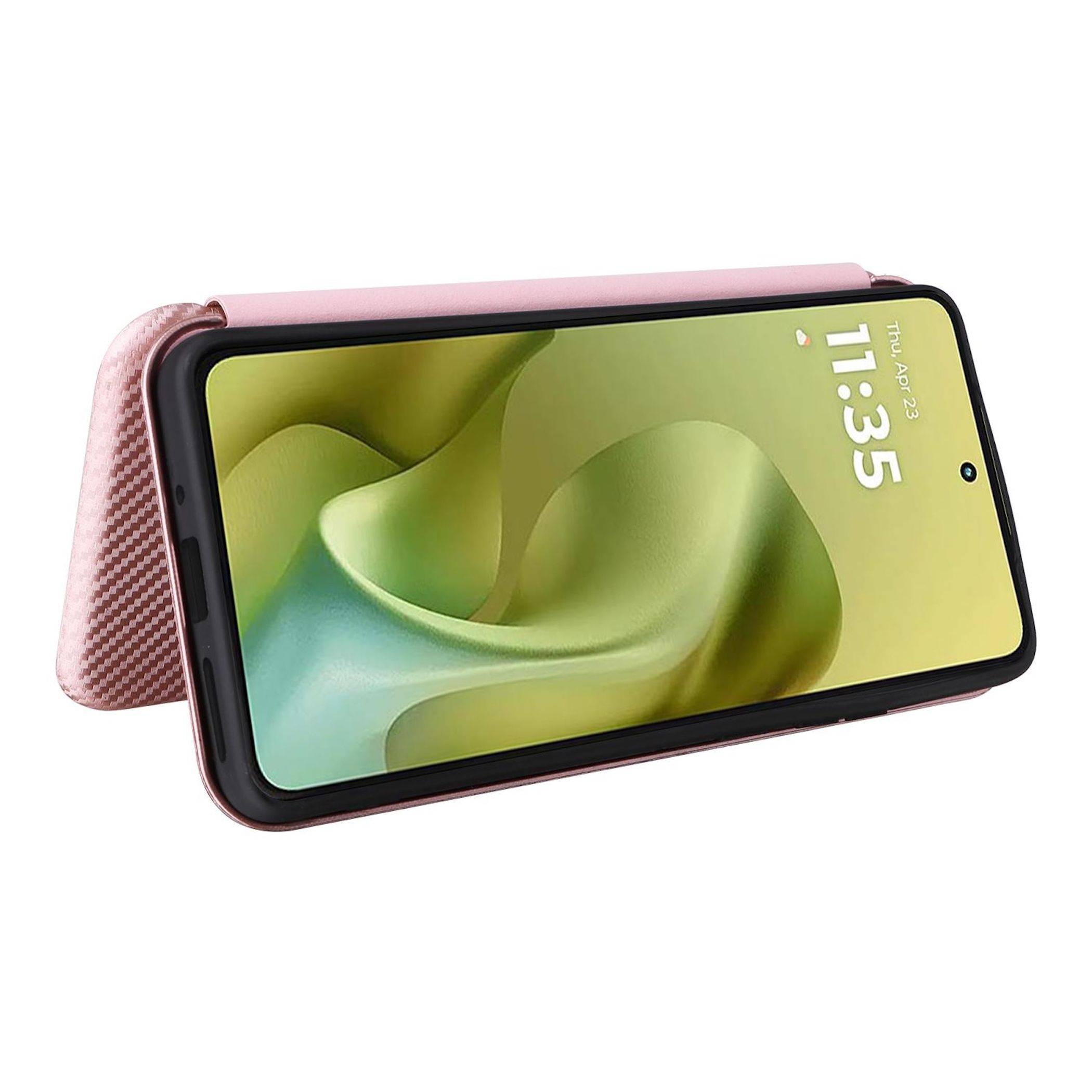 Smartphone in einem rosa Folio-Ständer-Schutzhülle, horizontal aufgestellt mit eingeschaltetem Bildschirm gezeigt.