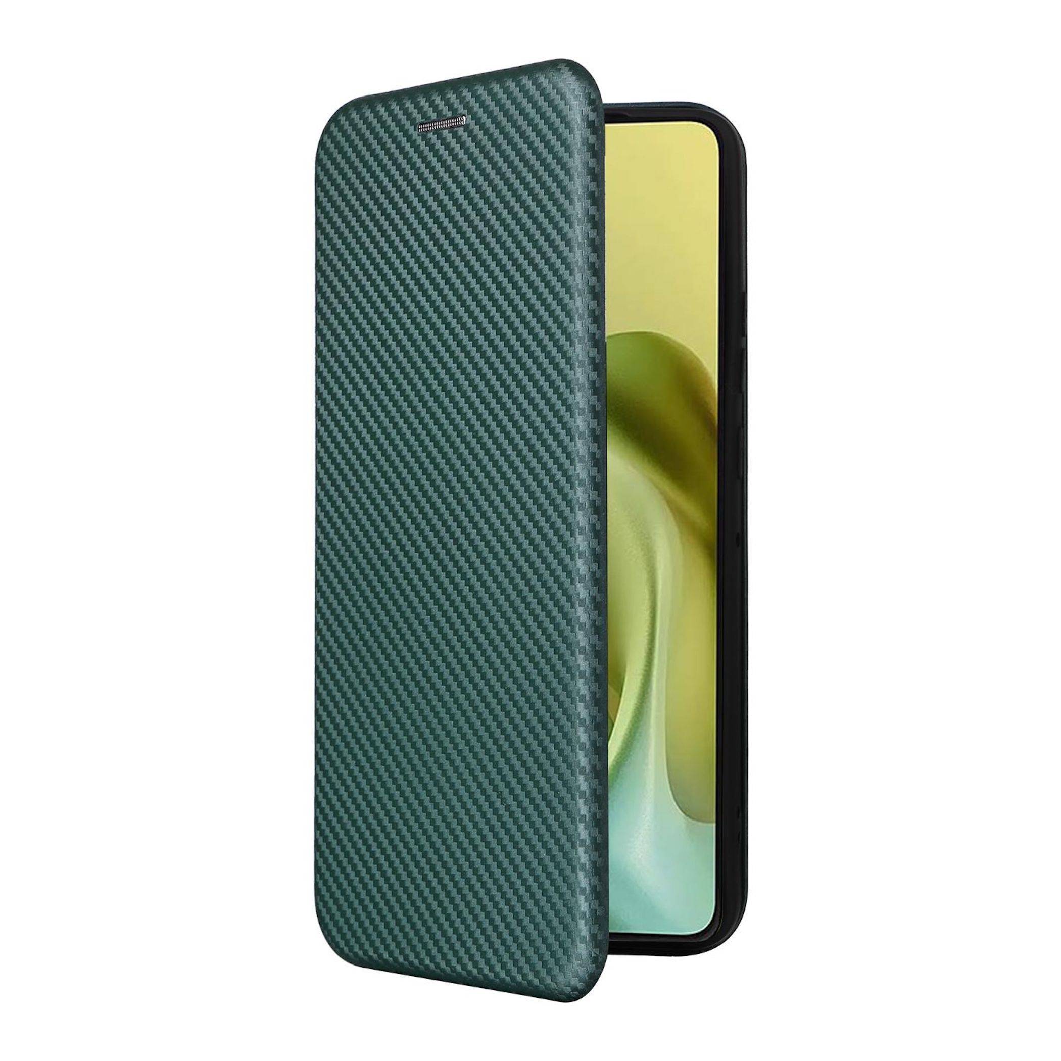 Zugeklapptes Smartphone in einem strukturierten dunkelgrünen Folio-Etui mit teilweise sichtbarem Bildschirm.