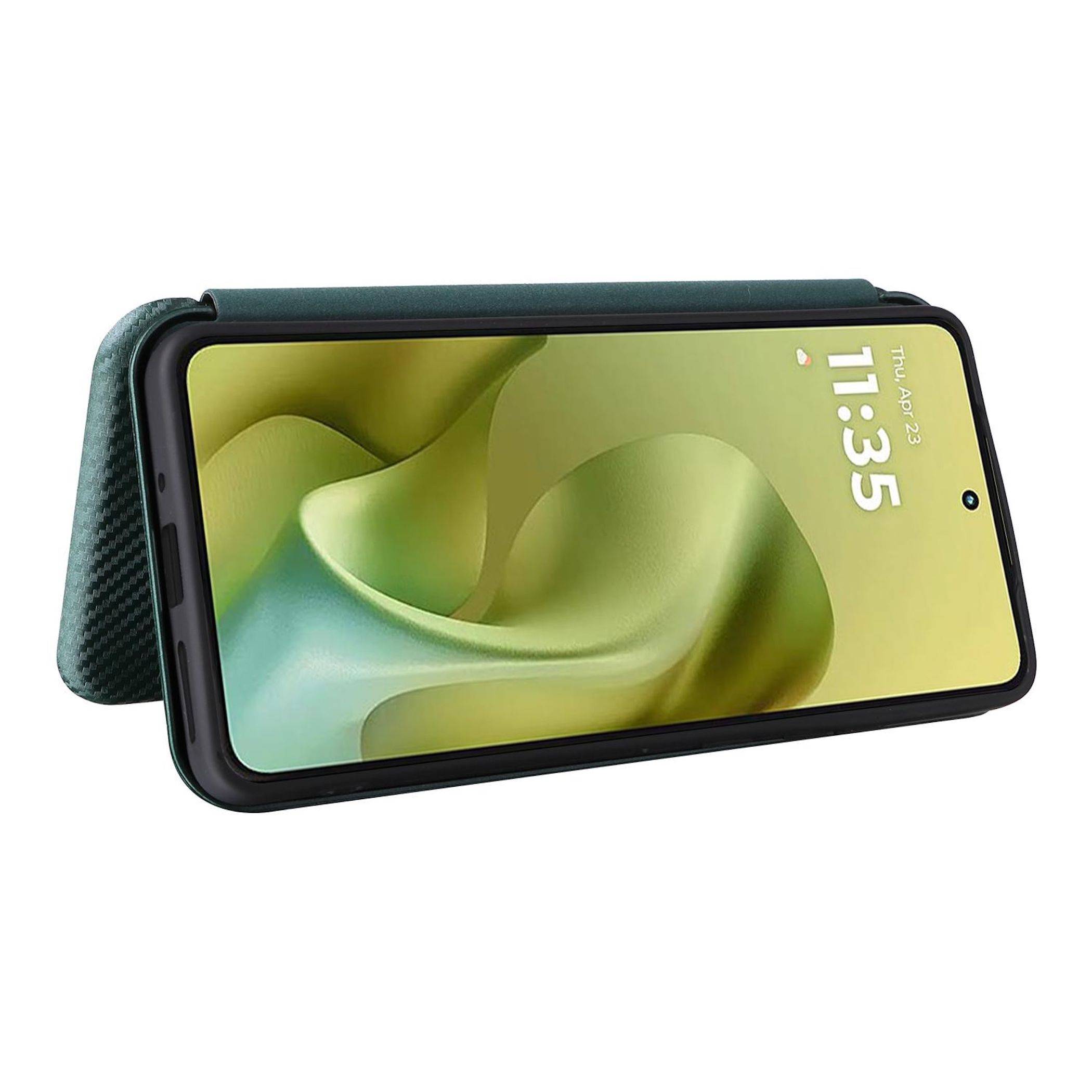 Smartphone in einem Folio-ähnlichen grünen Gehäuse im Querformat positioniert, zeigt einen grünen abstrakten Sperrbildschirm mit der Uhrzeit 11:35 und dem Datum Do., 23. Apr.