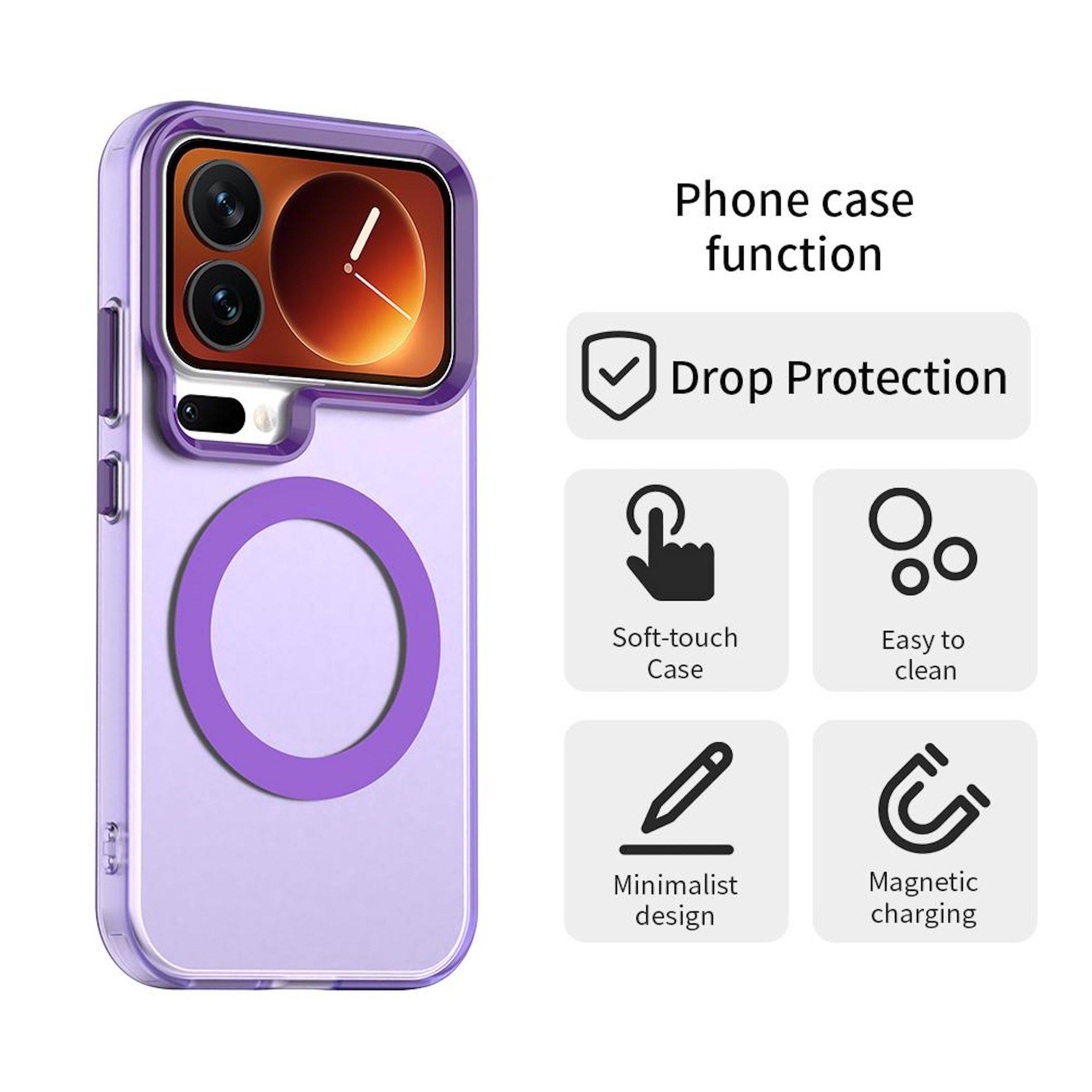 Violettes iPhone-Schutztuch mit erhöhtem Kameraabdeckung und MagSafe-Ring; der Text hebt Fallschutz, Soft-Touch-Oberfläche, einfache Reinigung, minimalistisches Design und magnetisches Laden hervor.