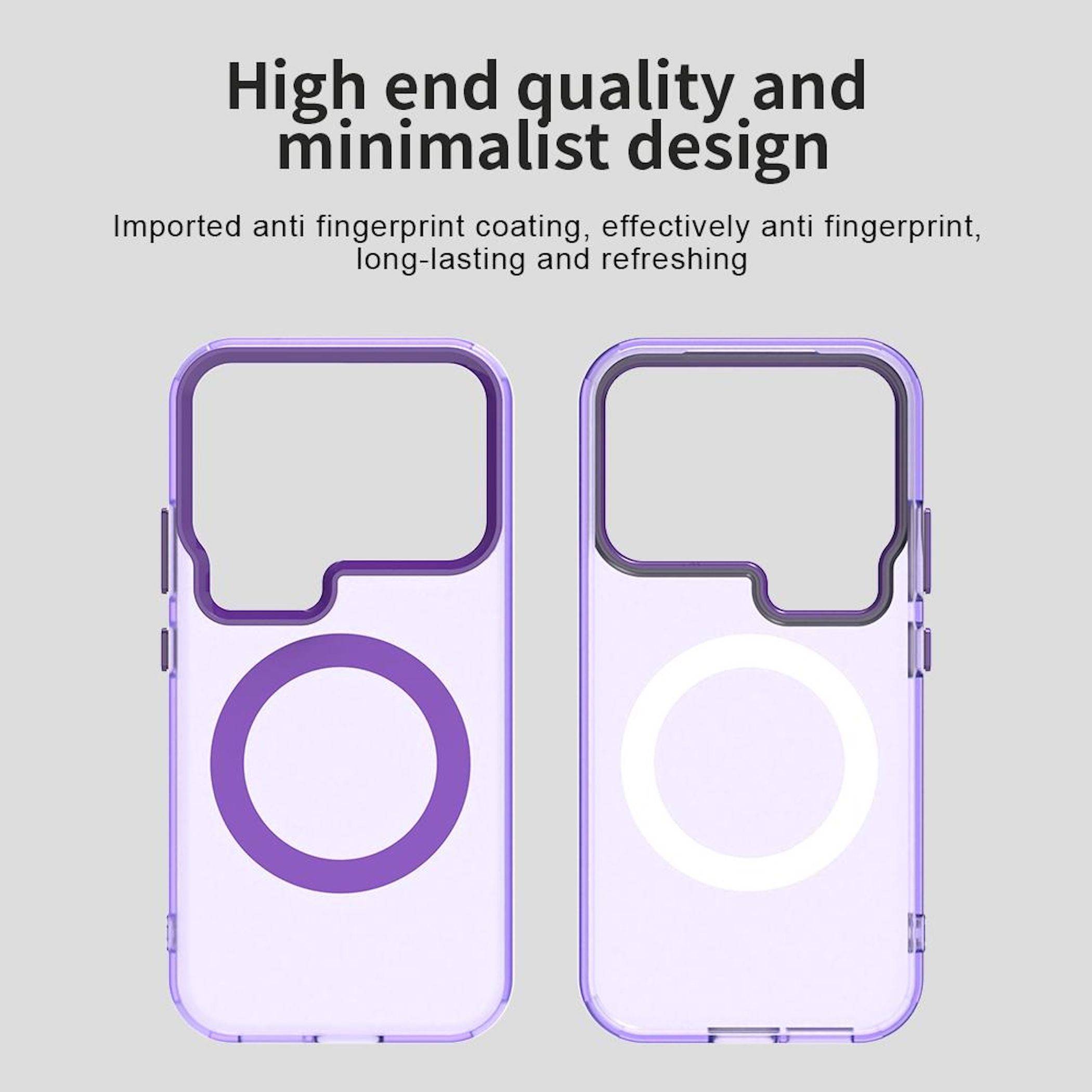 Promotionsbild eines minimalistischen, transparenten lila Handyhüllen mit großem Kameraausschnitt und MagSafe-Ring, von vorne und hinten gezeigt mit Text über die Antifingerprintbeschichtung.