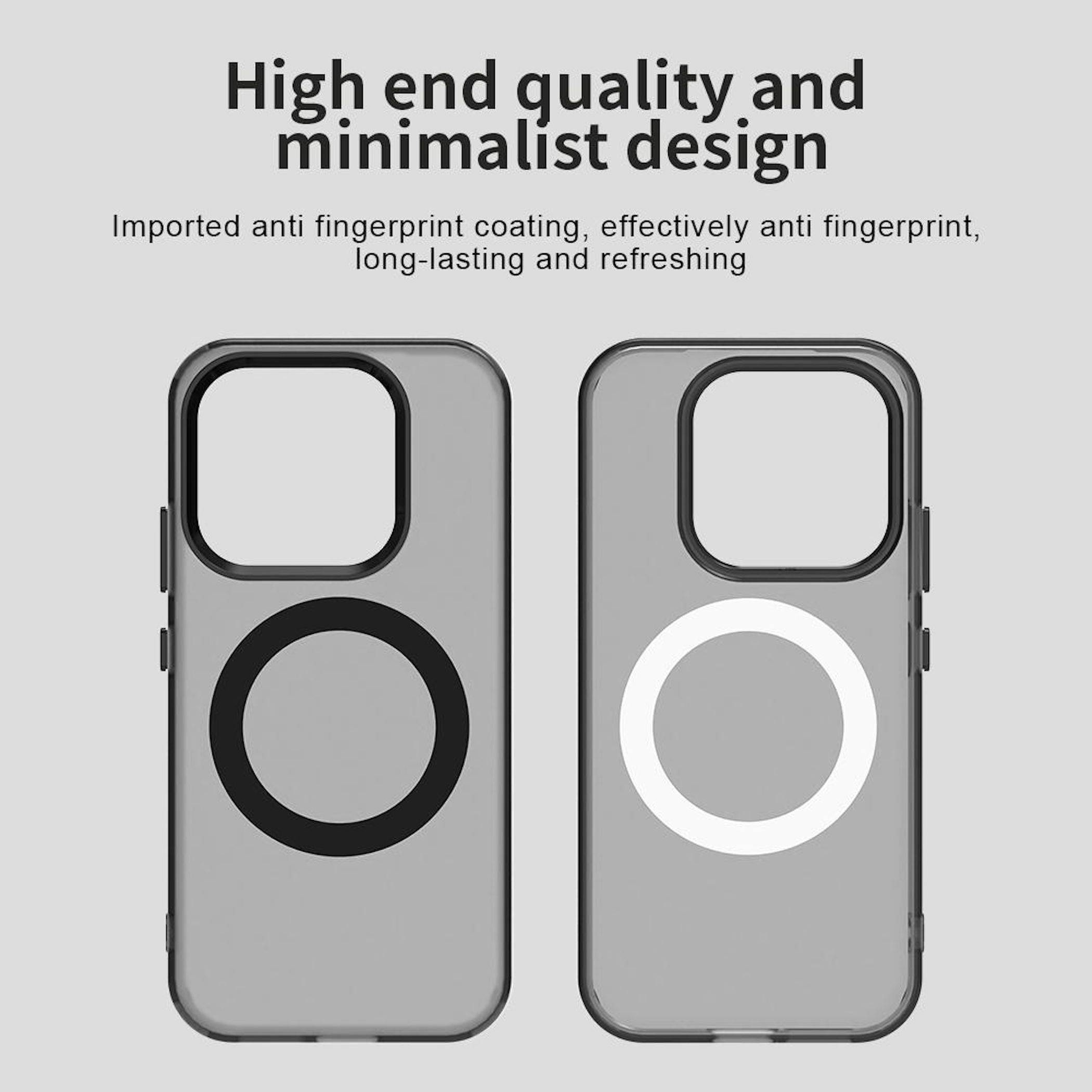 Werbebild von zwei minimalistischen Handyhüllen in Grau mit großen Kameraausschnitten und kreisförmigen MagSafe-Ringen, beschriftet mit 