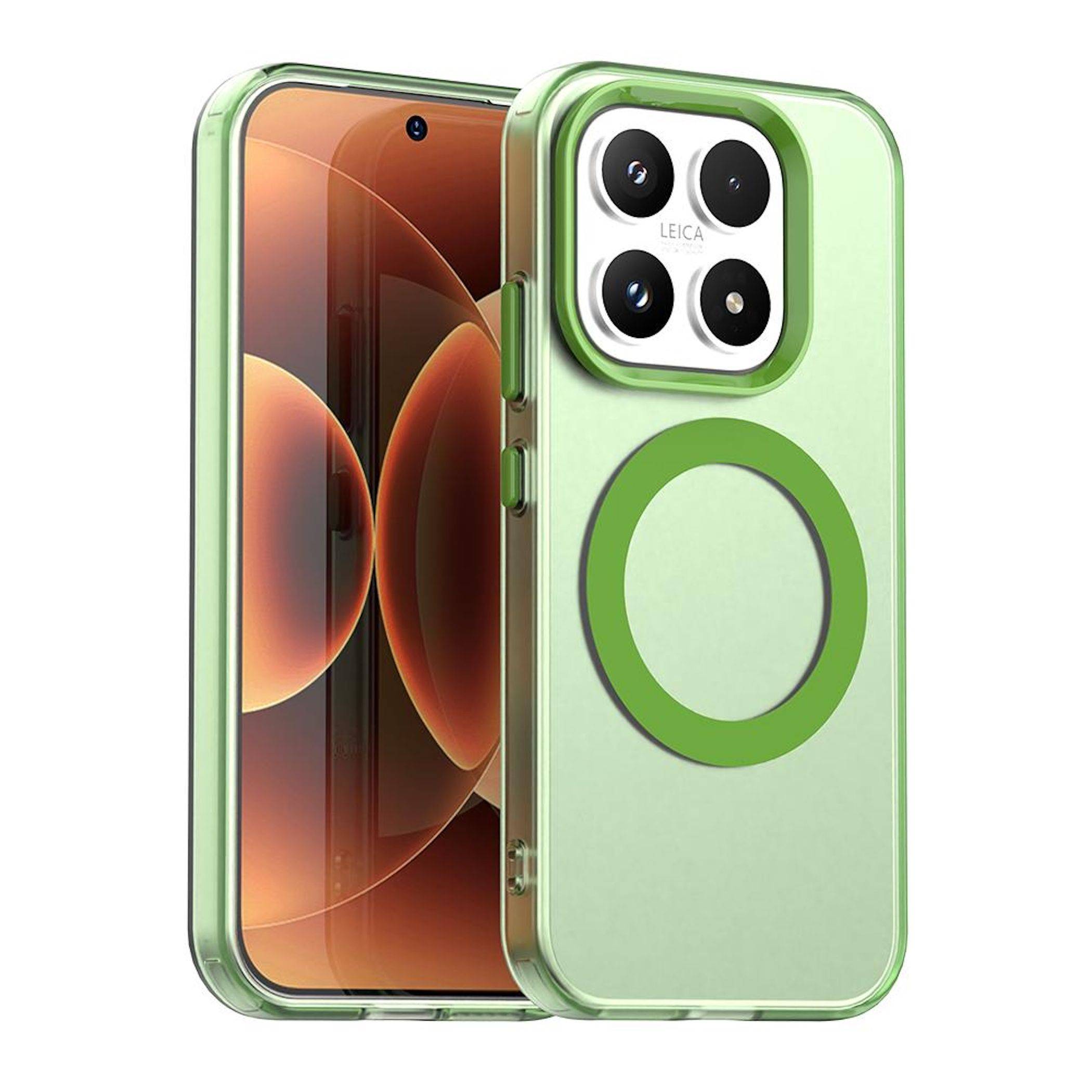 Zwei mintgrüne Smartphones, von vorne und hinten gezeigt, mit einem quadratischen Leica-Quad-Kameramodul und einem großen kreisförmigen Ring auf der Rückseite.