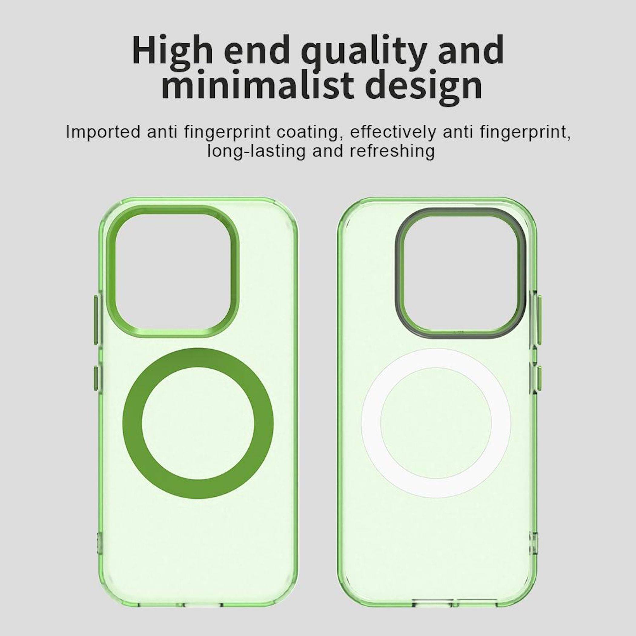 Produktbild von zwei hellgrünen minimalistischen Handyhüllen mit quadratischen Kameraausschnitten und kreisförmigen MagSafe-ähnlichen Ringen, gekennzeichnet mit 