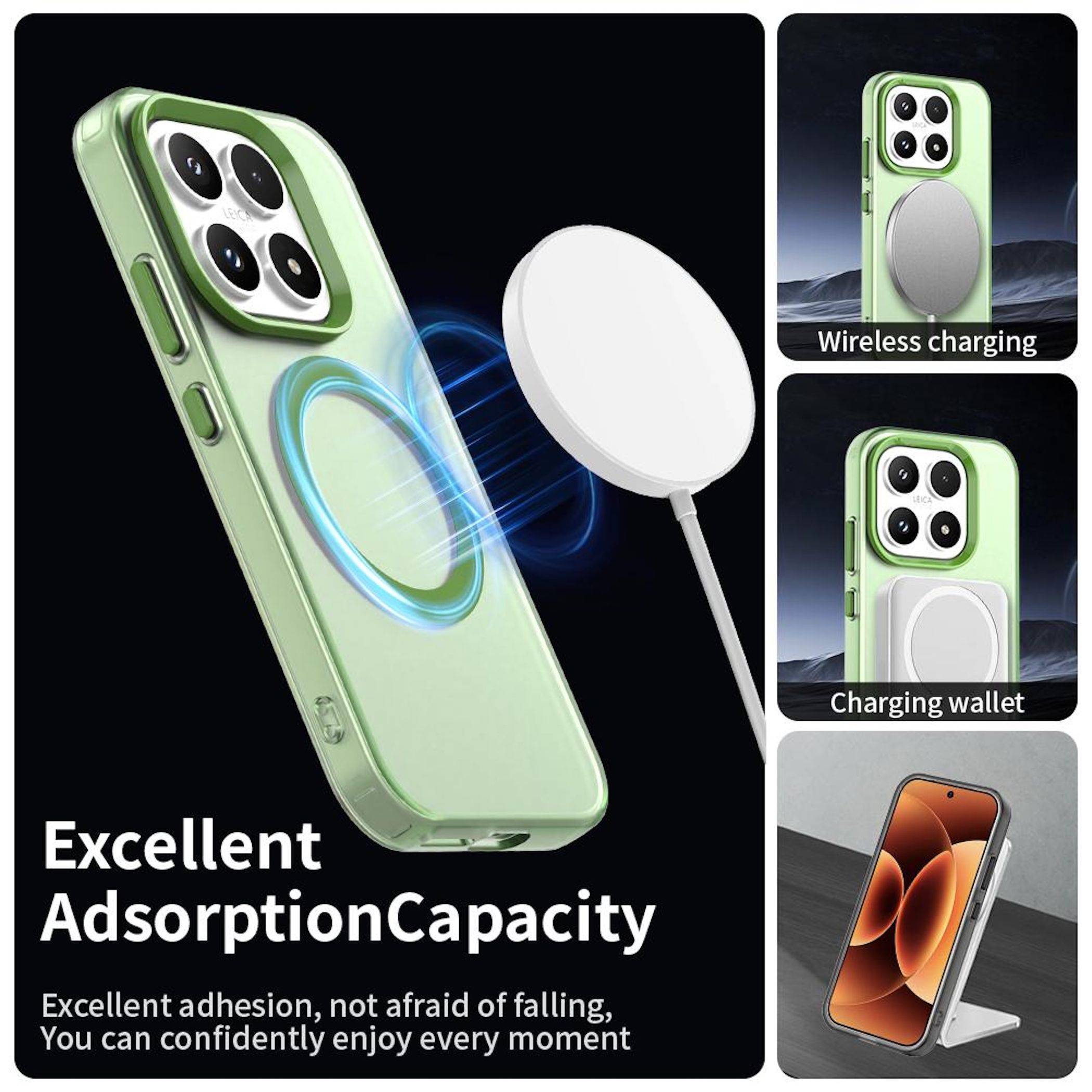 MagSafe-ähnliche Handyhülle mit magnetischem Ring und Ständer, zeigt starke Adsorption, kabelloses Laden, Ladebrieftasche und Betrachtungsständer-Funktion.