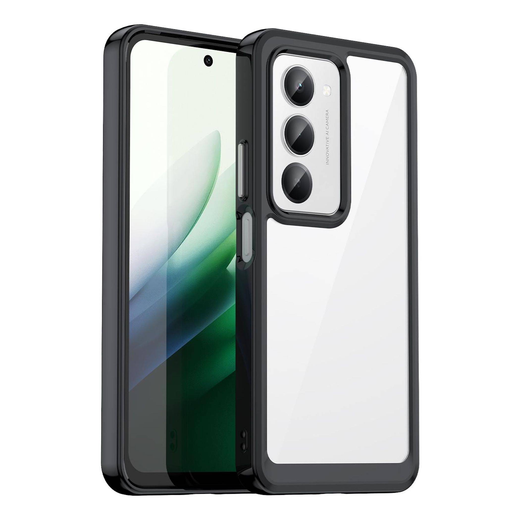 Schwarze Schutzhülle für Telefon, die auf einem Smartphone angezeigt wird, mit erhöhener rechteckiger Kameraaussparung und transparentem Rückenpanel.