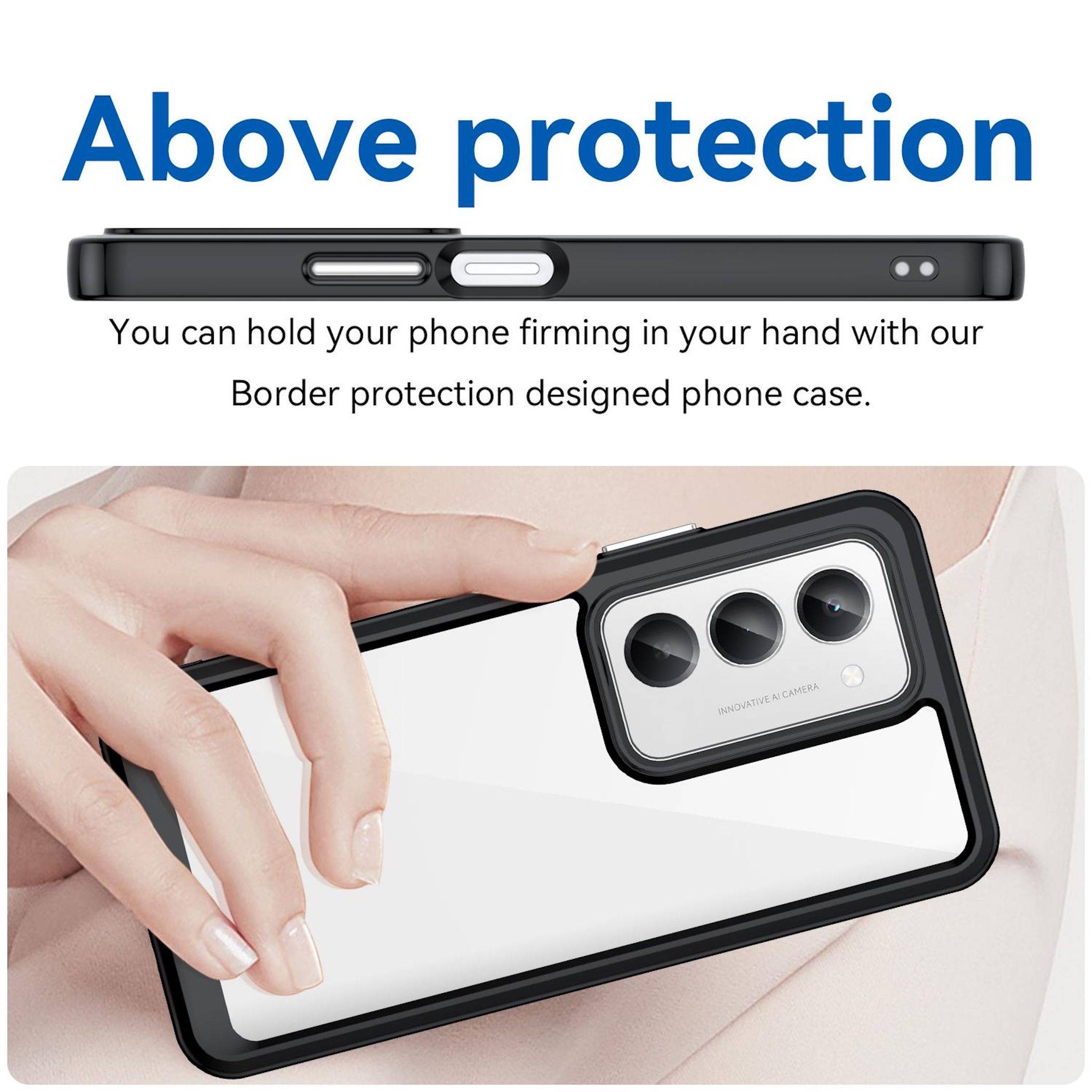 Werbegrafik einer Handyhülle mit erhöhtem Rand und Kameraschutz, zeigt eine Hand, die die Hülle hält, und den Text „Above protection