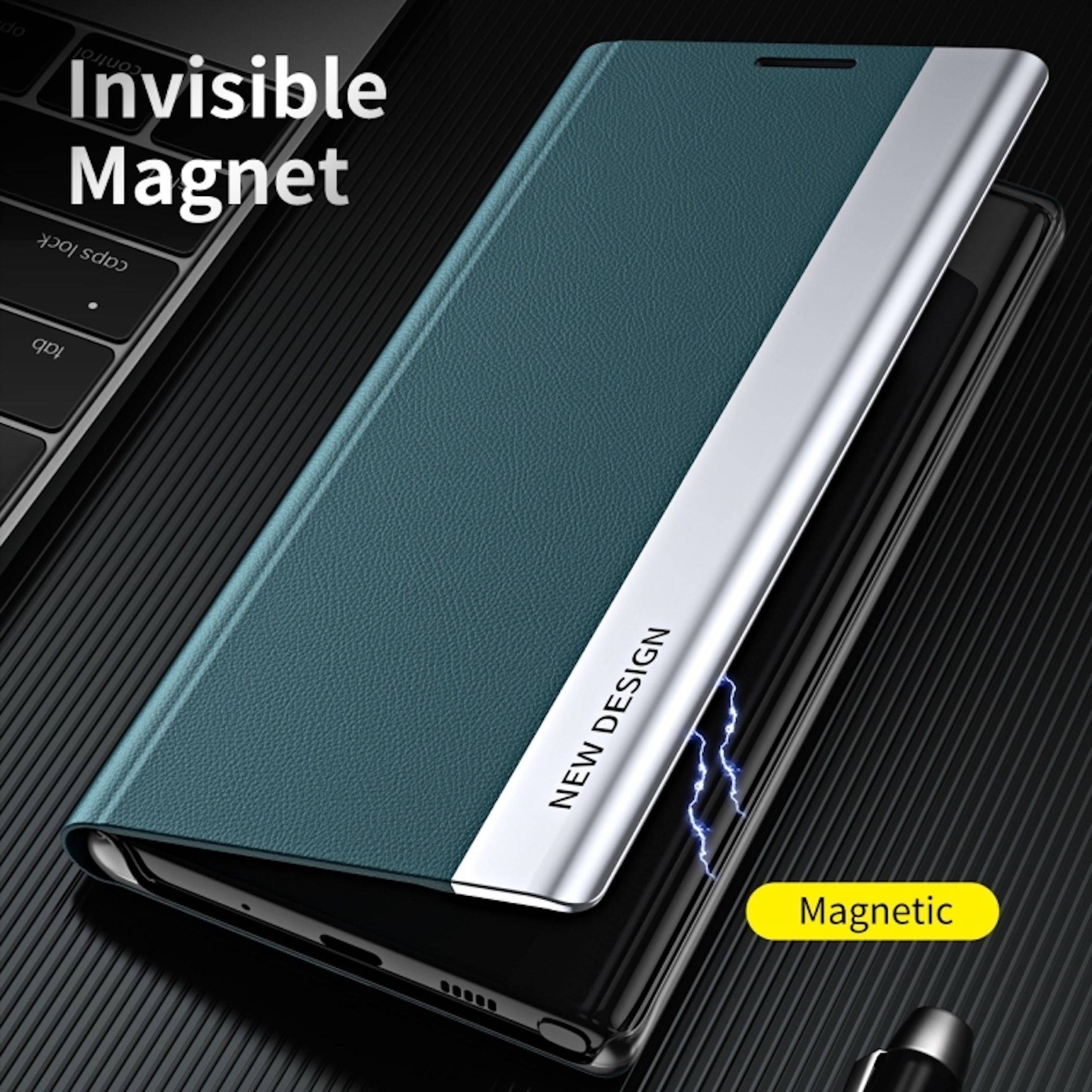 Türkisfarbenes magnetisches Handyhüllen-Set mit silbernem Rand, das an einem schwarzen Telefon befestigt ist, beschriftet mit „Unsichtbarer Magnet