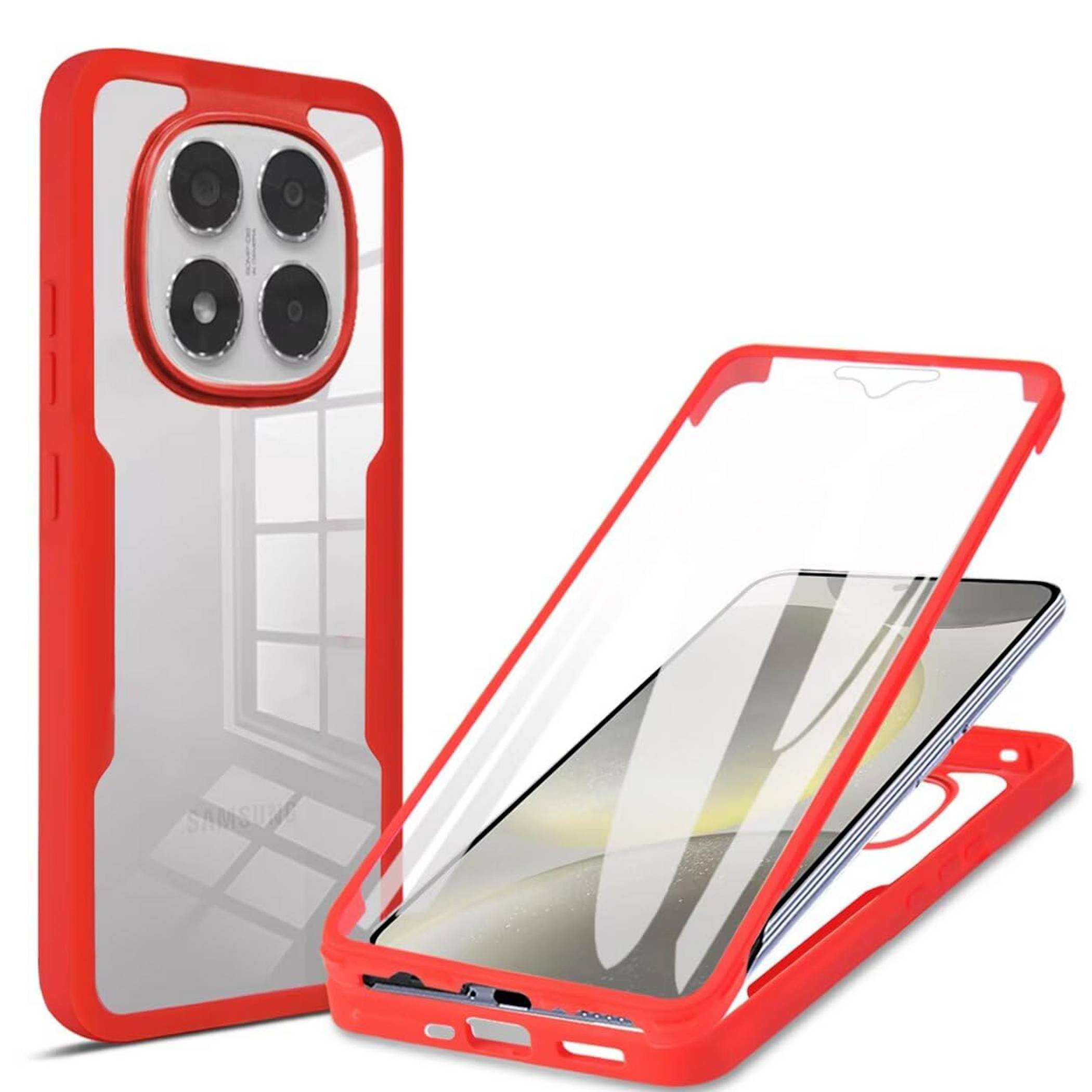 Rote und transparente iPhone-Hülle geöffnet, mit vorderen und hinteren Schutzabdeckungen mit erhöhtem Kameraausschnitt.
