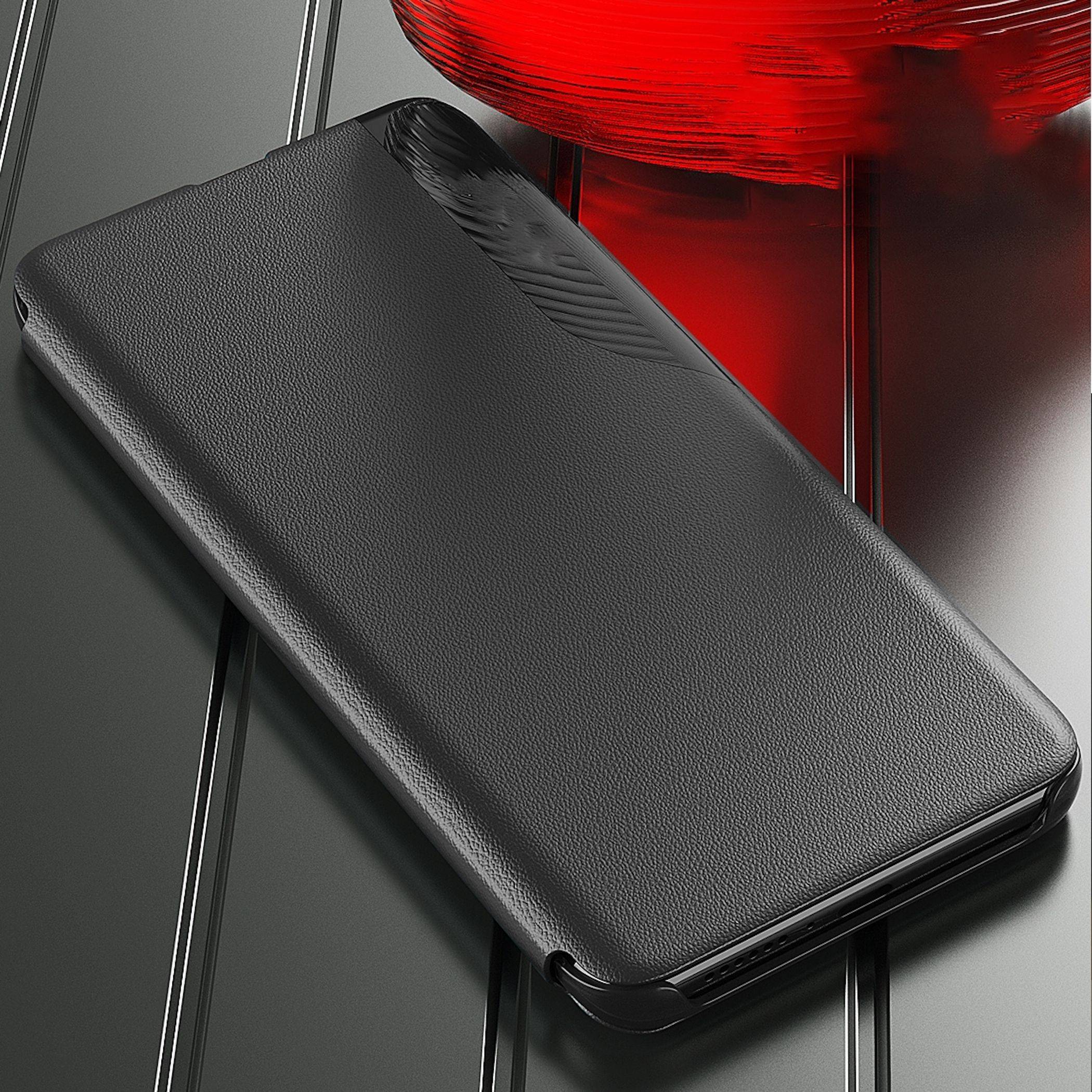Schwarze strukturierte Smartphone-Geldbörsen-Schutzhülle diagonal auf dunkler Oberfläche angezeigt, mit roter Lichtreflexion im Hintergrund.