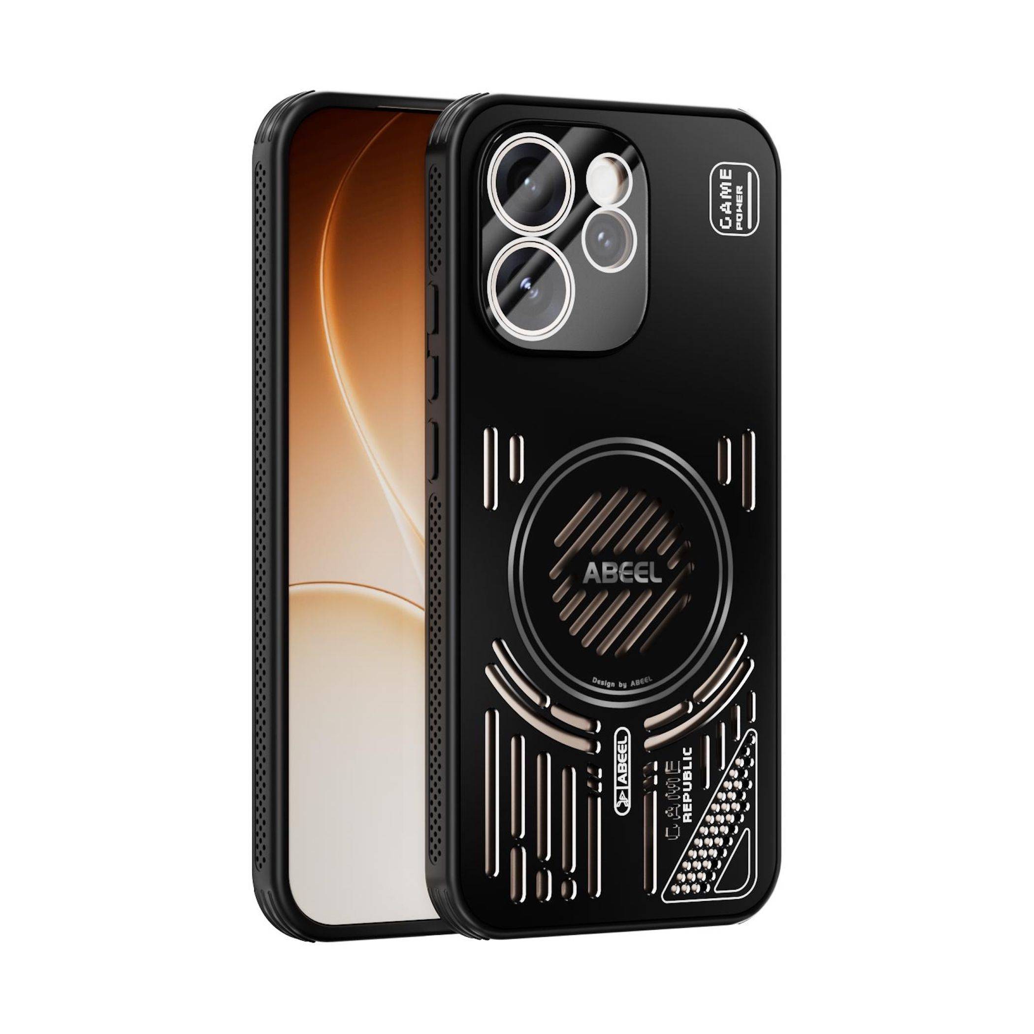 Schwarzes Smartphone mit dekorativem Gehäuse mit Kameraausschnitten, kreisförmigem 'ABEEL'-Design und metallischen Linienakzenten.